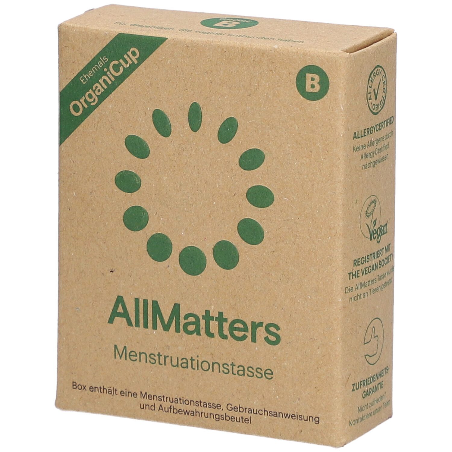 Bruine kartonnen doos. Opschrift: OrganiCup, AllMatters, menstruatiecup. Met logo en certificeringen.