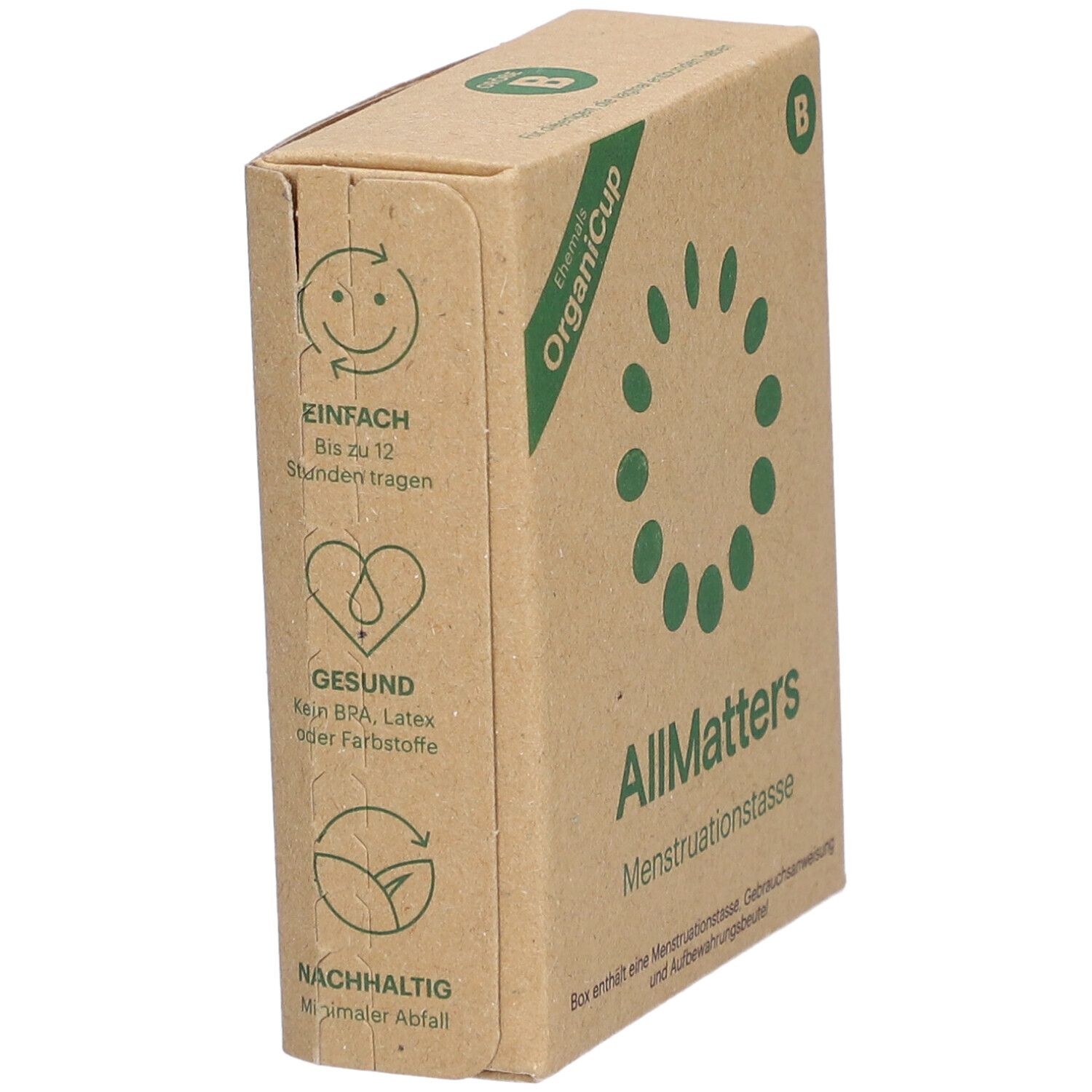 Bruine kartonnen doos. Opschrift: OrganiCup, AllMatters, menstruatiecup. Met pictogrammen voor voordelen.