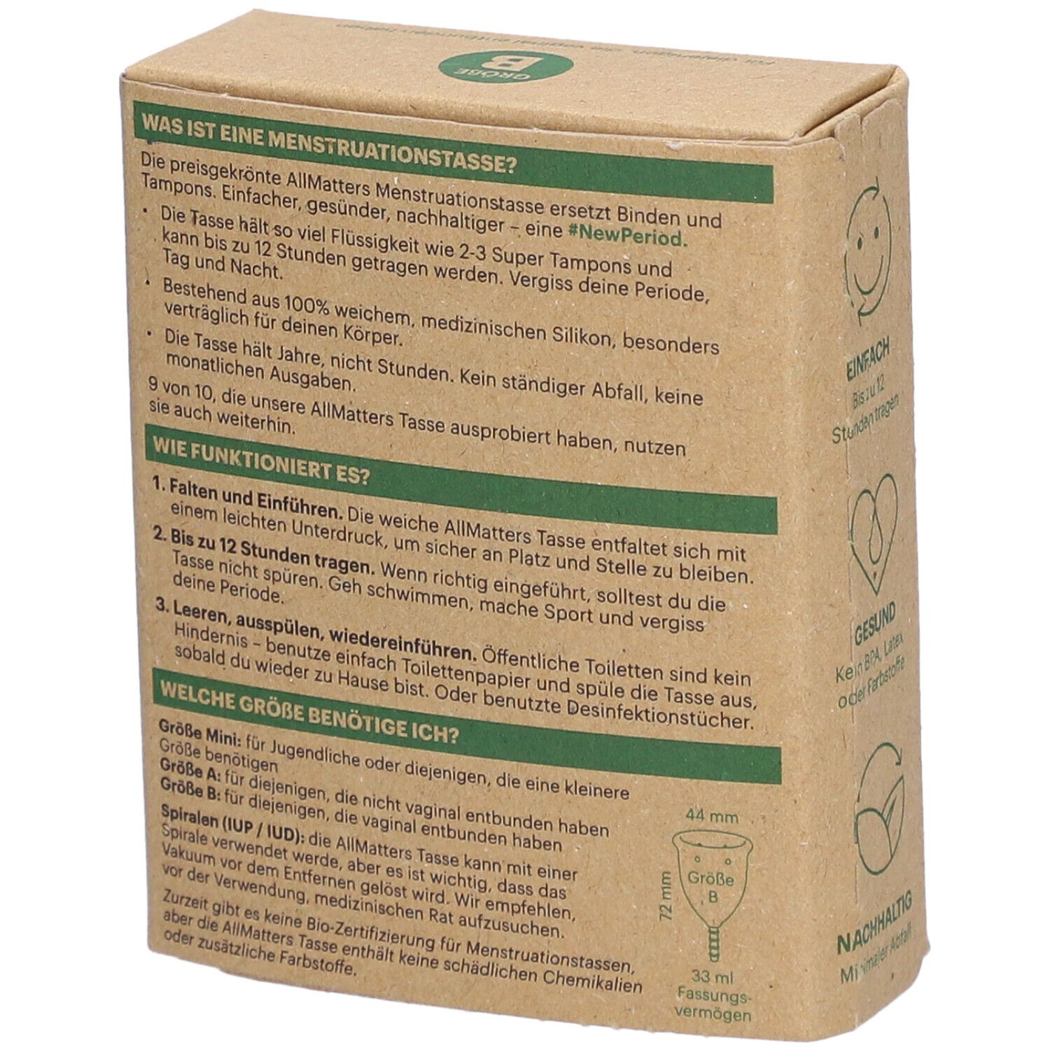 Achterkant van de doos. Tekst over menstruatiecup, gebruik en maat. Met illustraties en afmetingen.
