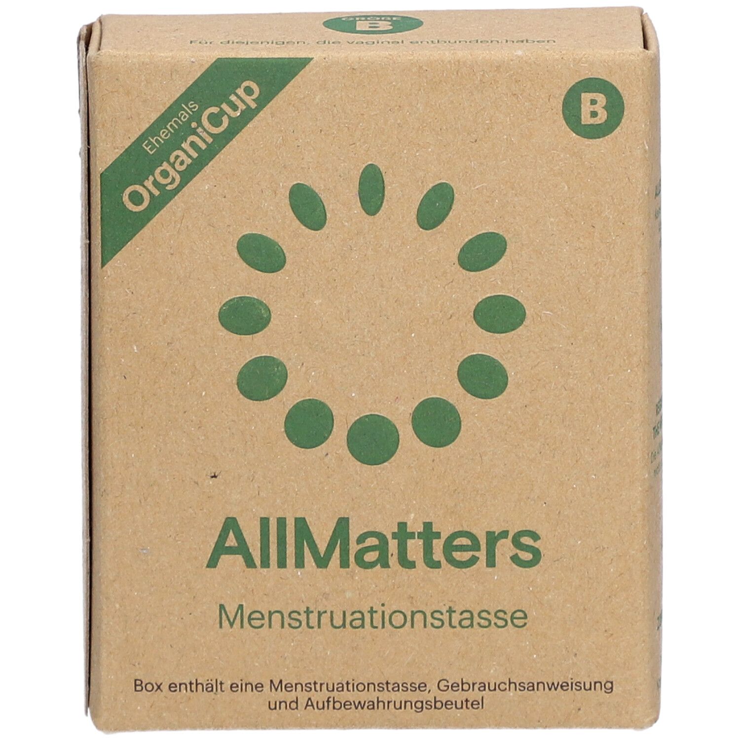 Bruine kartonnen doos. Opschrift: OrganiCup, AllMatters, menstruatiecup. Met logo en B-markering.