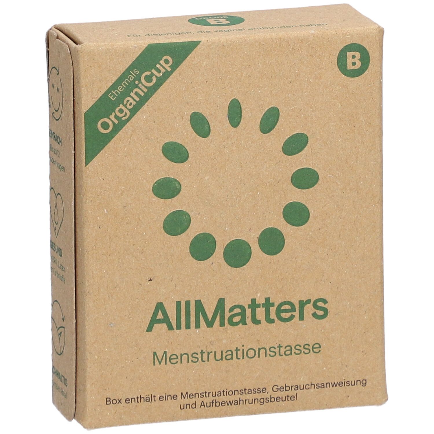 Bruine kartonnen doos. Opschrift: OrganiCup, AllMatters, menstruatiecup. Met logo en B-markering.