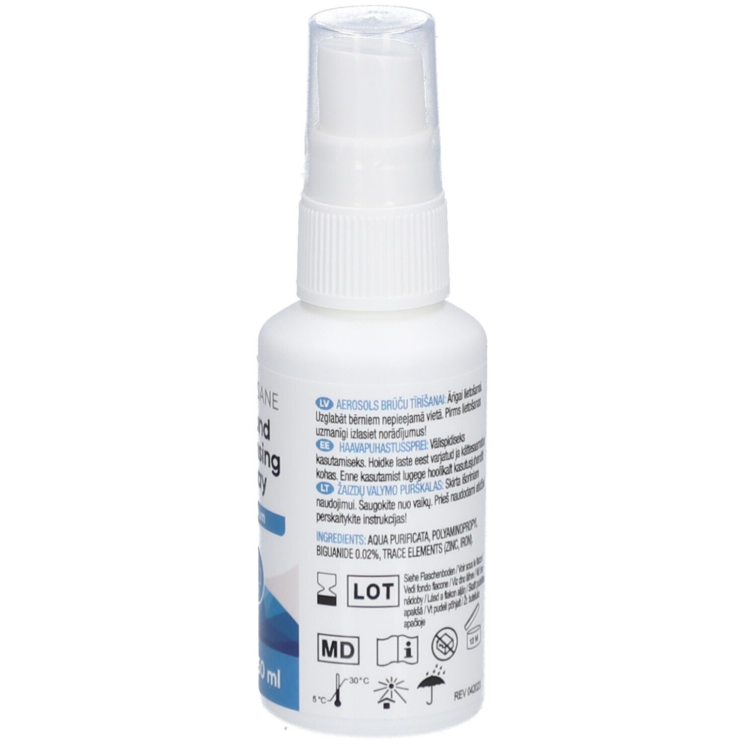 Witte spuitfles met tekst. Bevat ingrediënten en batchnummer. Spuitkop.