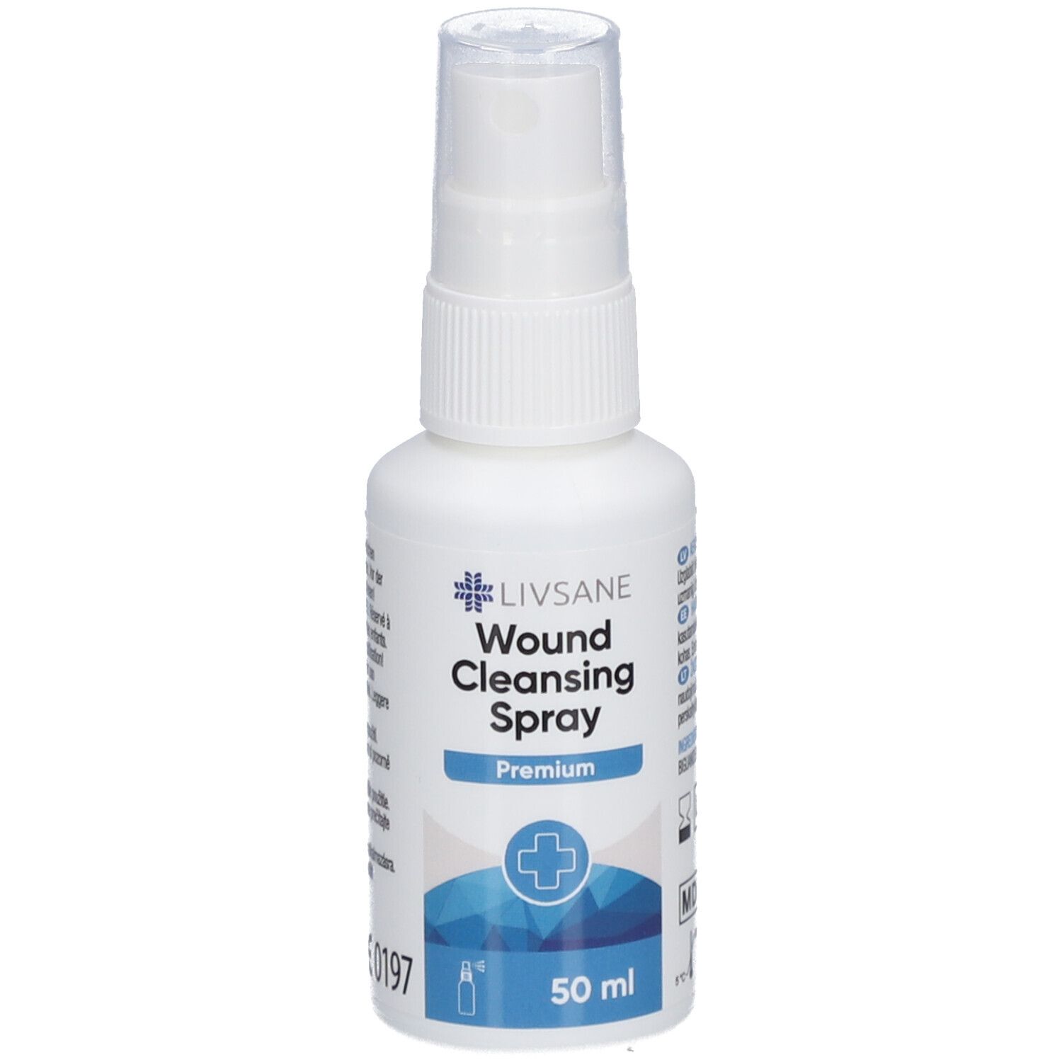 Witte spuitfles met blauw etiket. Tekst: Livsane Wund Cleansing Spray Premium. 50 ml.