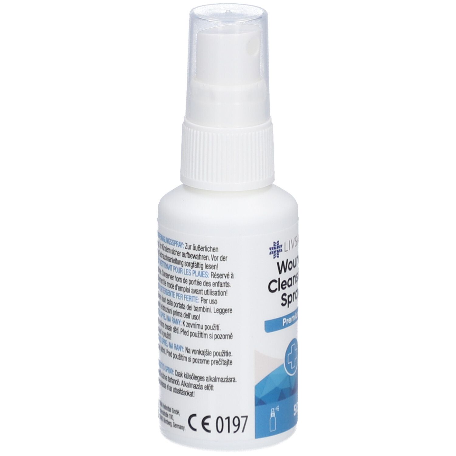 Witte spuitfles met blauw etiket. Tekst: Livsane Wund Cleansing Spray Premium. CE-markering.