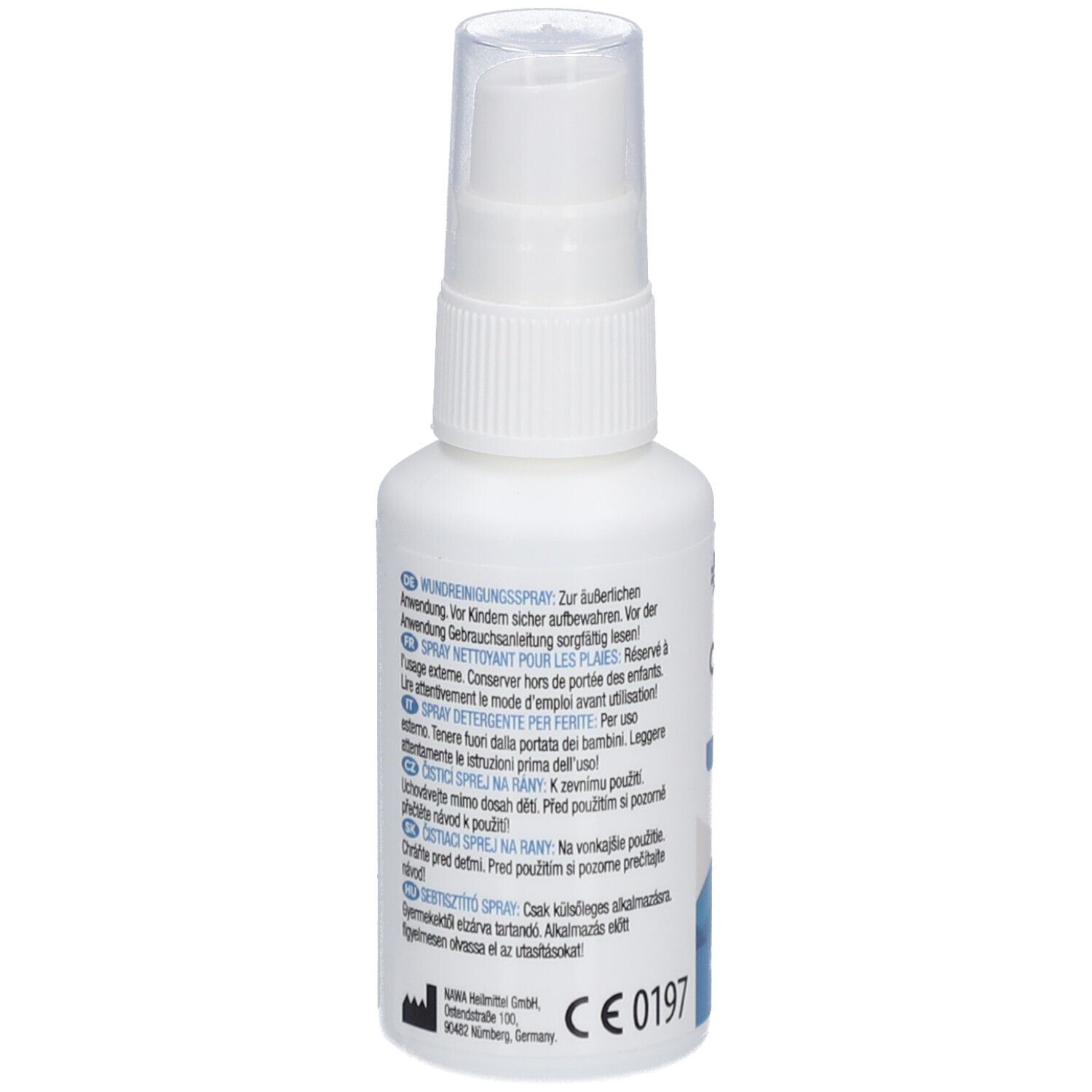 Witte spuitfles met blauw etiket. Tekst: Wundreinigungsspray. CE-markering. Spuitkop.