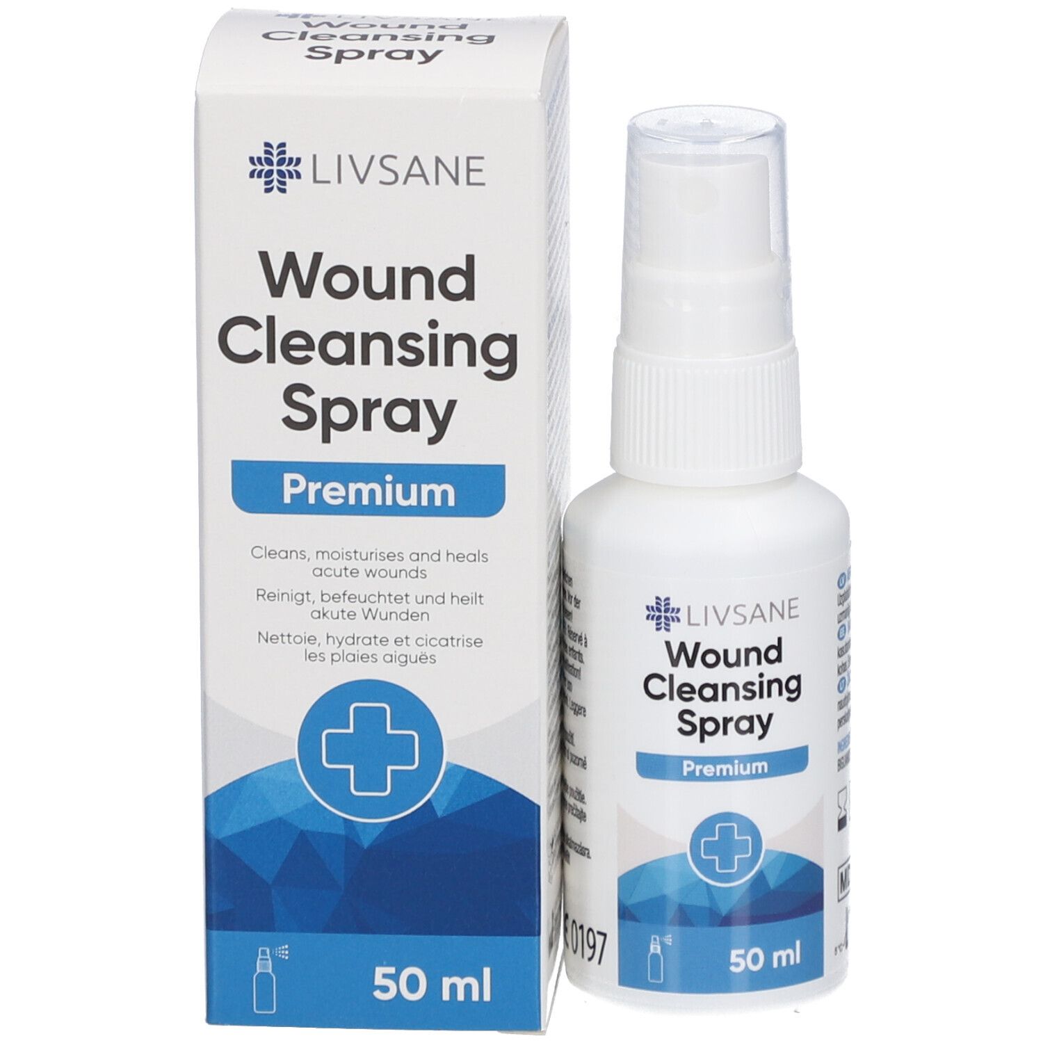Product en verpakking. Witte fles en doos. Tekst: Livsane Wund Cleansing Spray Premium. 50 ml.