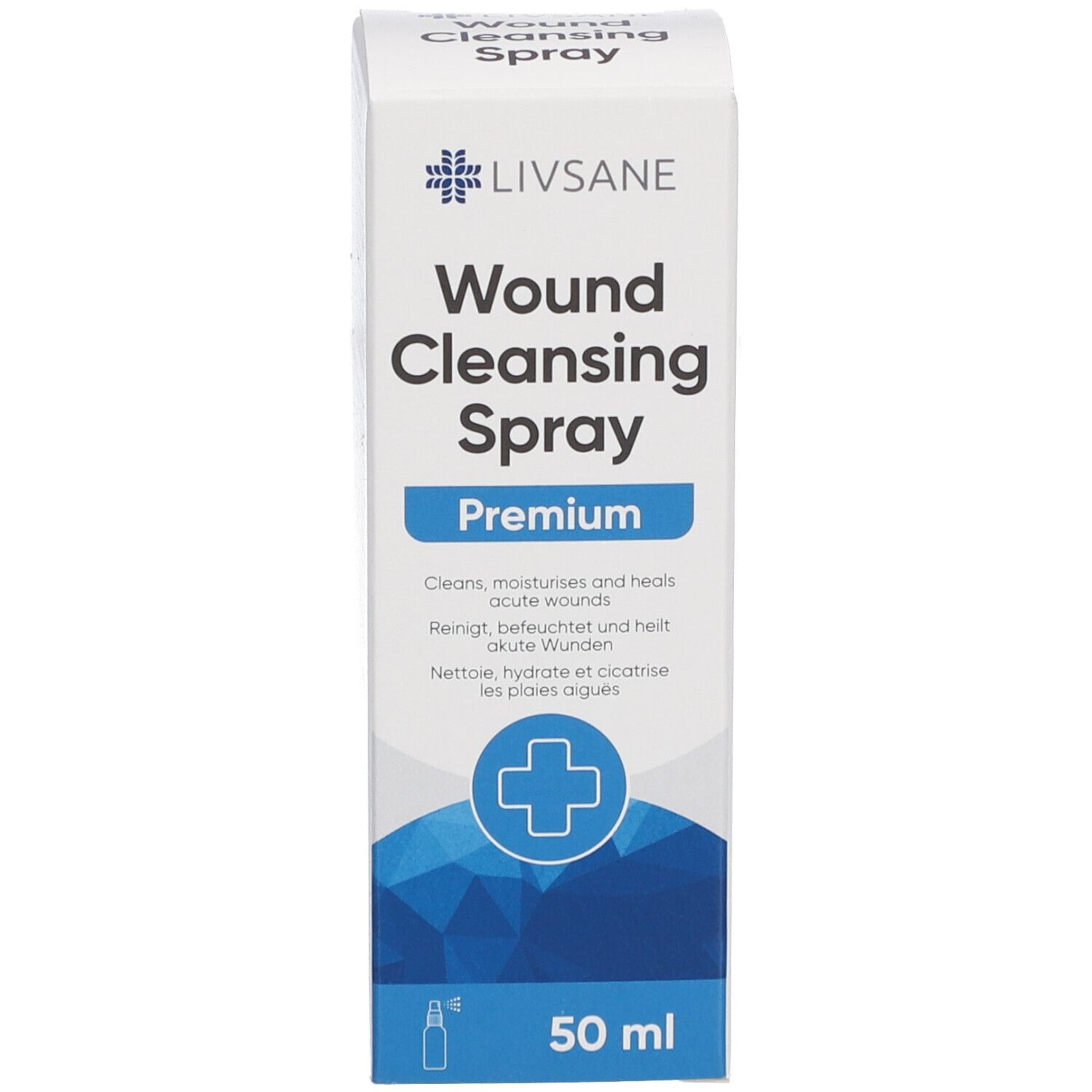 Witte doos. Tekst: Livsane Wund Cleansing Spray Premium. 50 ml. Kruissymbool. Productafbeelding.