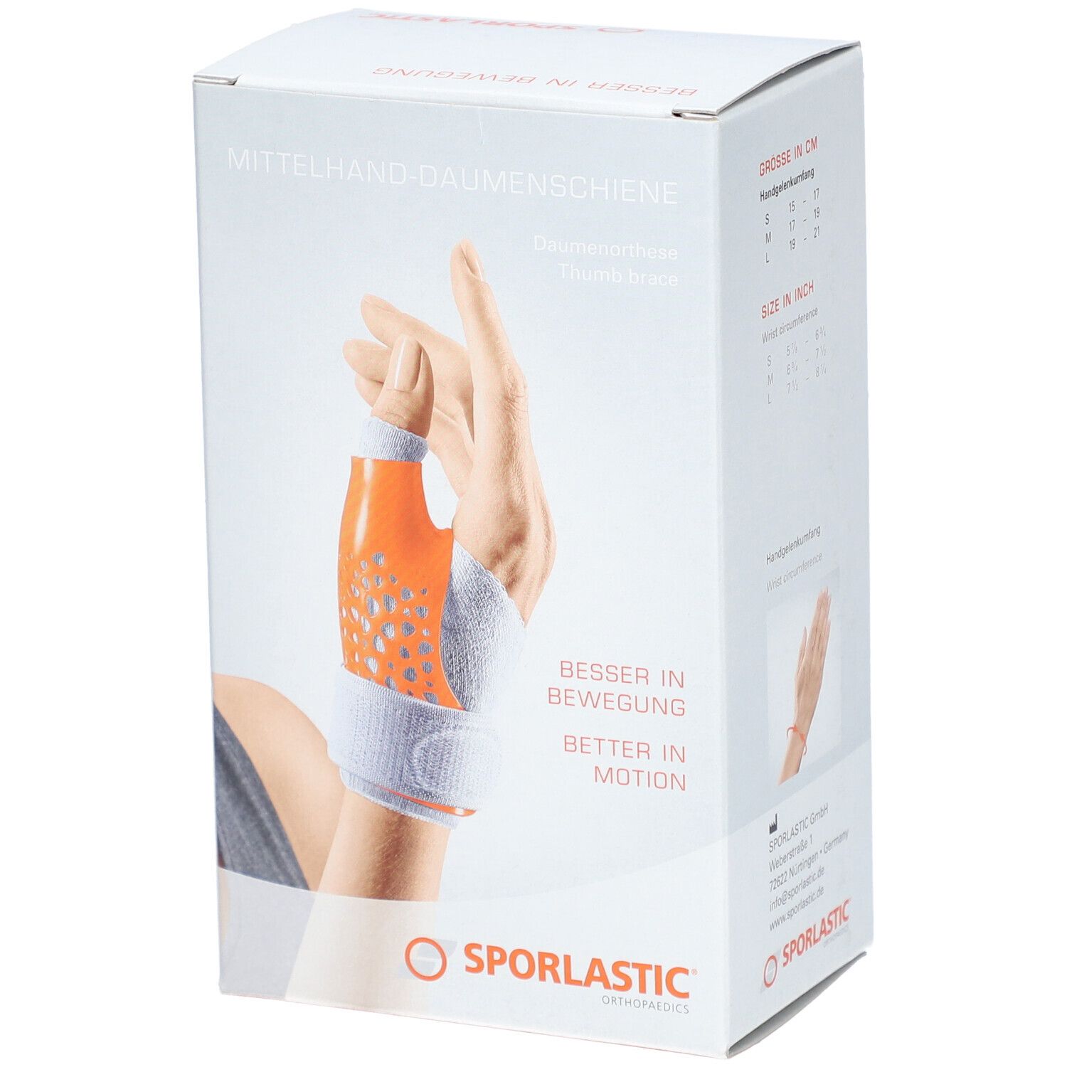 Boîte de l'attelle de pouce. Attelle orange et blanche sur une main. Logo SPORLASTIC en bas.