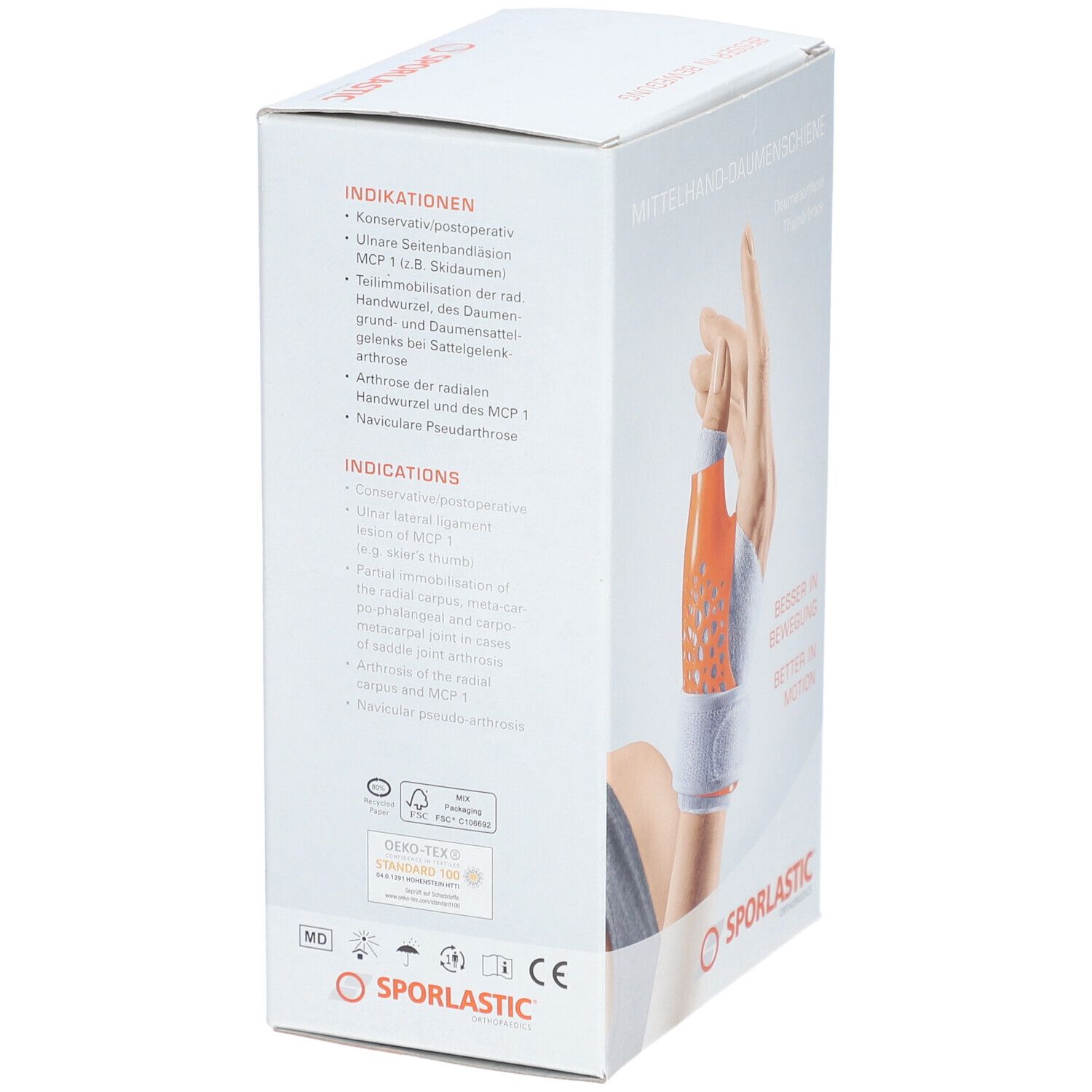 Dos de la boîte. Texte sur les indications et certifications. Logo SPORLASTIC en bas.