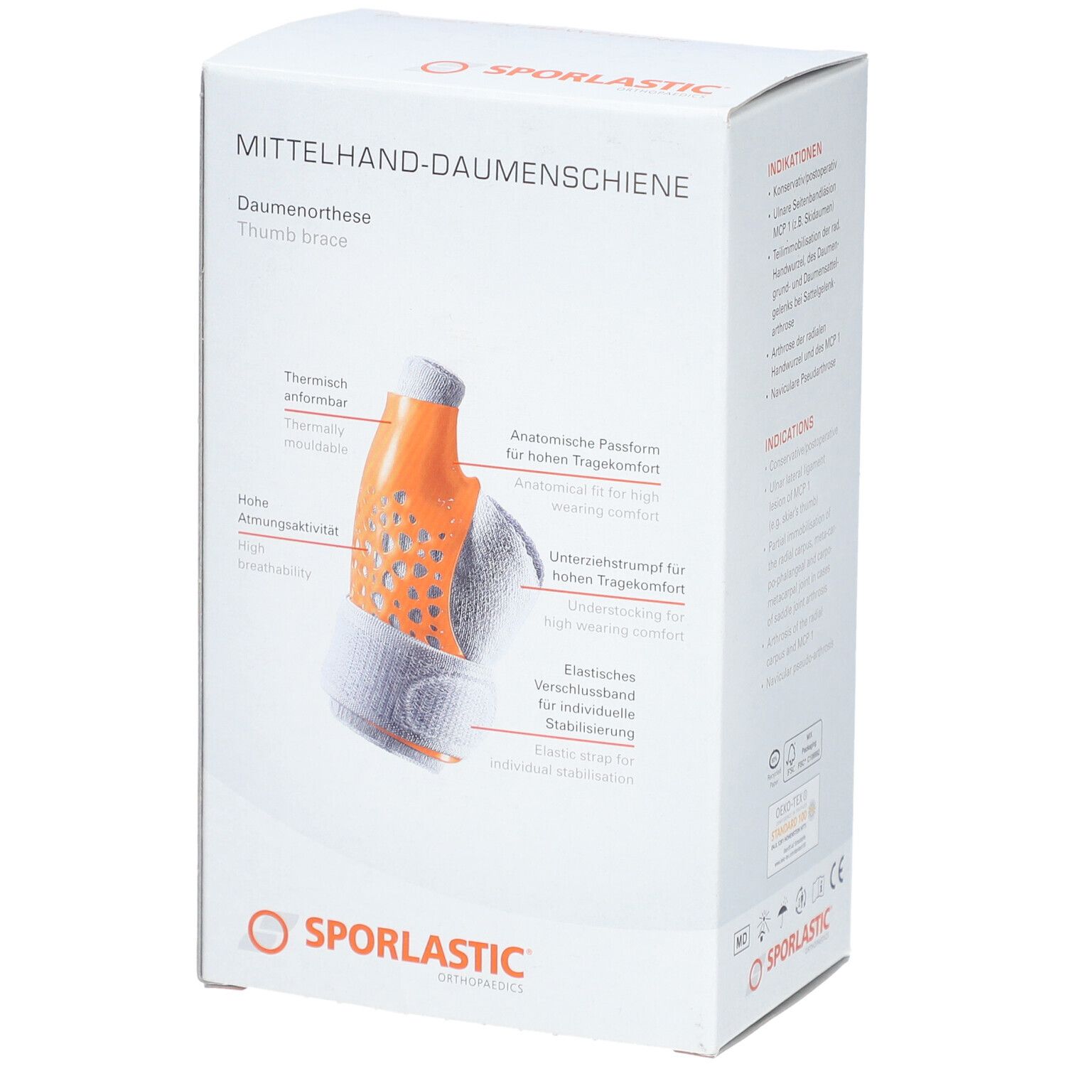 Boîte avec schéma de l'attelle de pouce. Plateforme anatomique, grand confort. Logo SPORLASTIC.