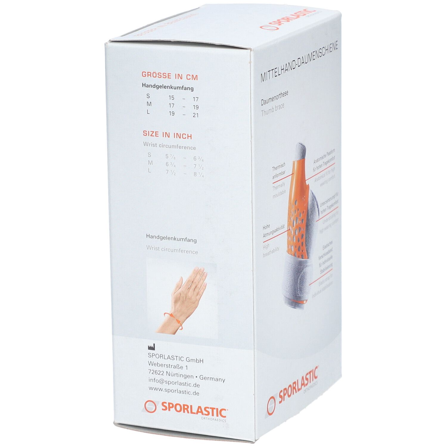 Boîte avec indications de taille en cm et pouces. Diagramme du tour de poignet. Logo SPORLASTIC.