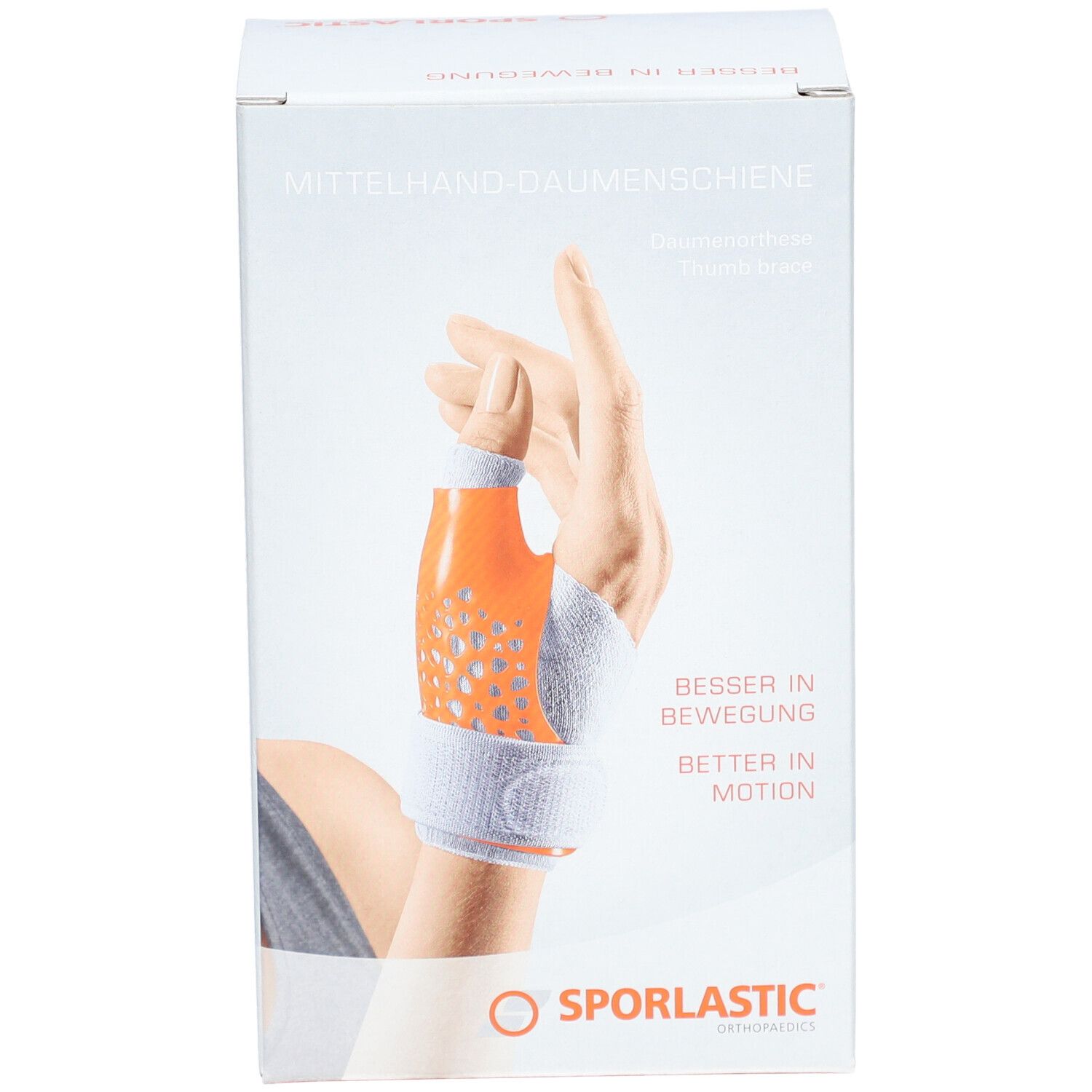 Boîte de l'attelle de pouce. Attelle orange et blanche sur une main. Logo SPORLASTIC.