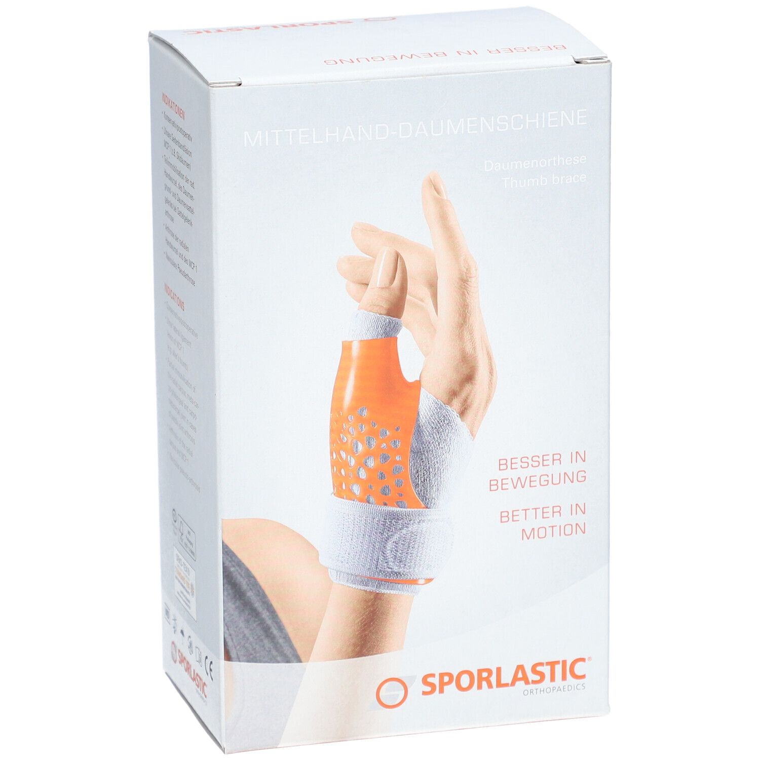 Boîte de l'attelle de pouce. Attelle orange et blanche sur une main. Logo SPORLASTIC.