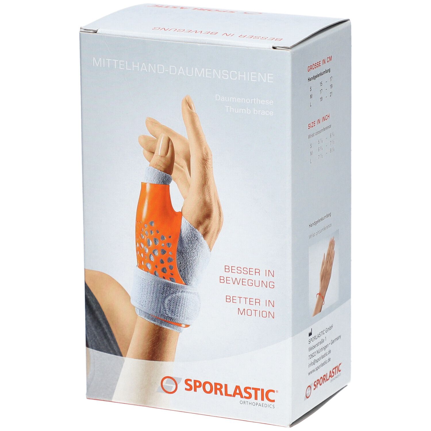 Verpakking van de duimbrace. Oranje-grijze duimbrace op een hand afgebeeld. Merk: SPORLASTIC.