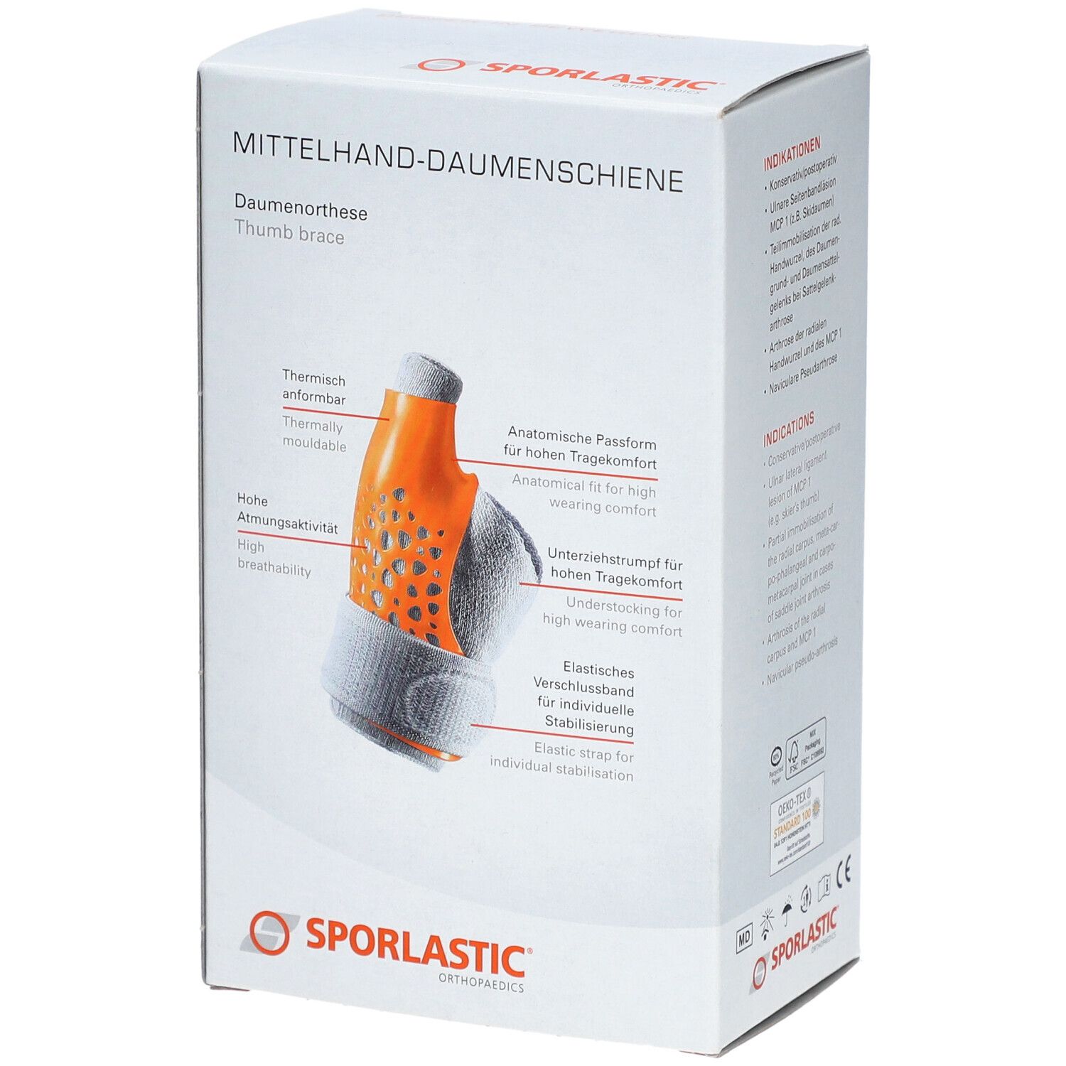 Verpakking met productkenmerken. Anatomische pasvorm, ademend, elastische band. Merk: SPORLASTIC.