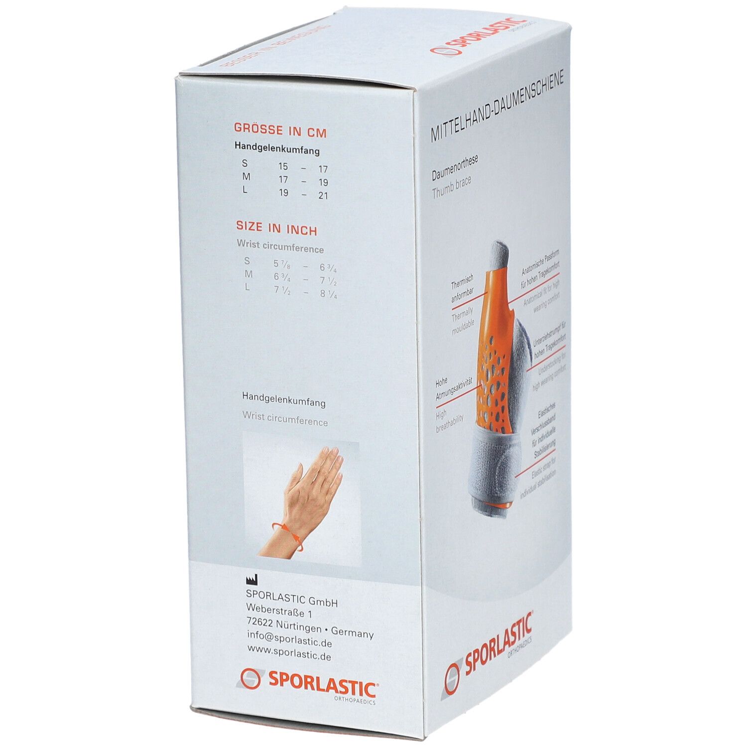Verpakking met maatindicaties. Handomtrek in cm en inches. Merk: SPORLASTIC.