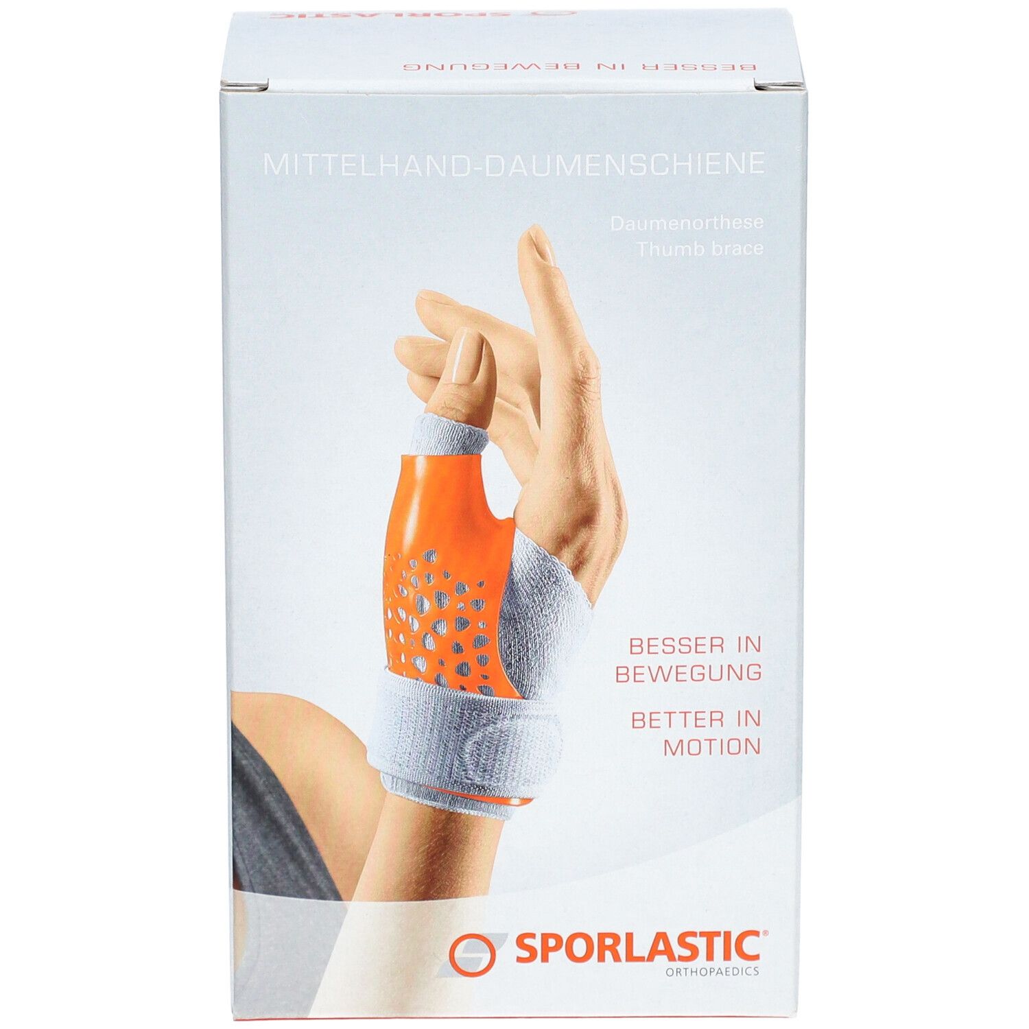 Verpakking van de duimbrace. Oranje-grijze duimbrace op een hand afgebeeld. Merk: SPORLASTIC.