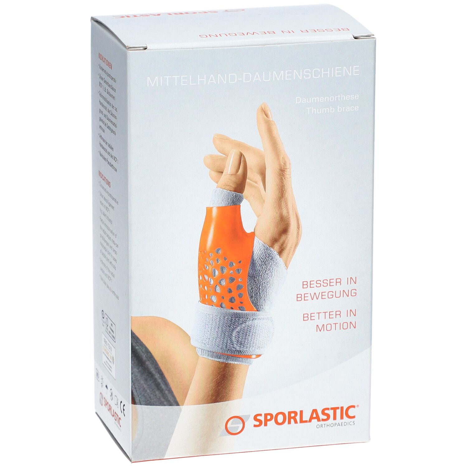 Verpakking van de duimbrace. Oranje-grijze duimbrace op een hand afgebeeld. Merk: SPORLASTIC.