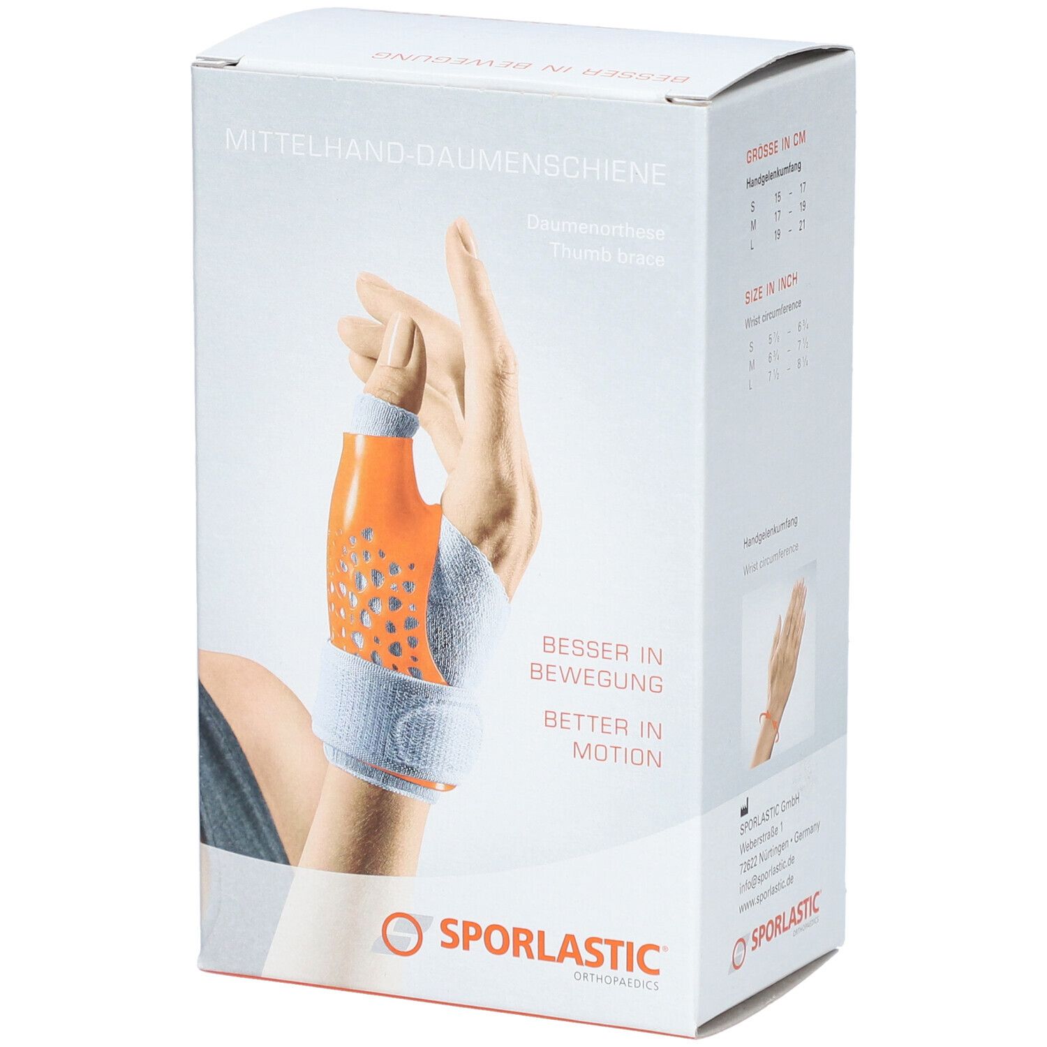 Boîte de l'attelle de pouce SPORLASTIC. Attelle orange sur une main. Marque SPORLASTIC.
