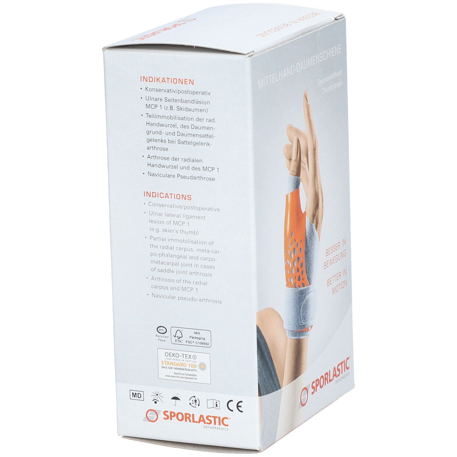 Dos de la boîte de l'attelle de pouce. Indications et certifications. Marque SPORLASTIC.