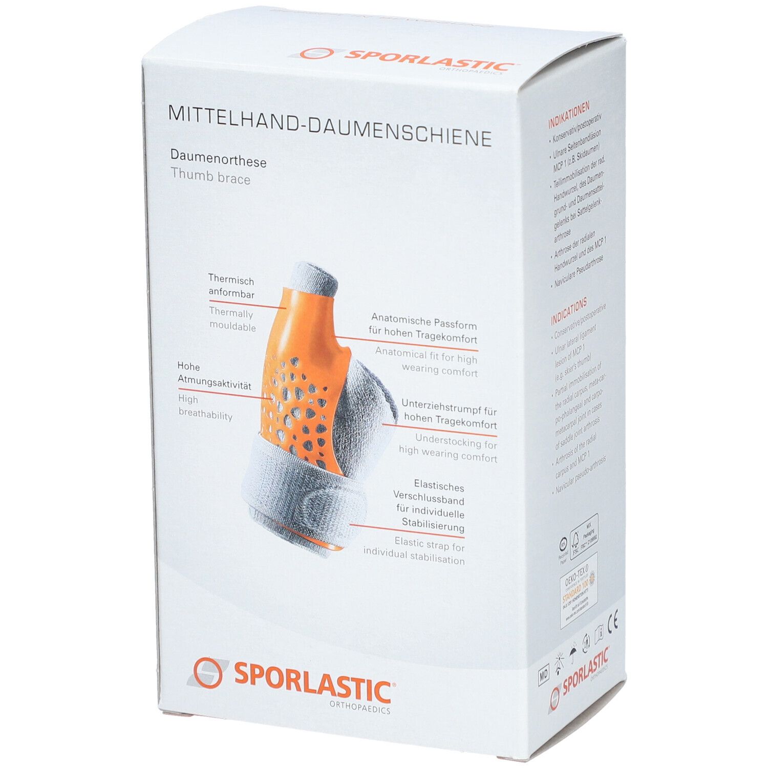 Boîte de l'attelle de pouce. Ajustement anatomique et respirabilité. Marque SPORLASTIC.