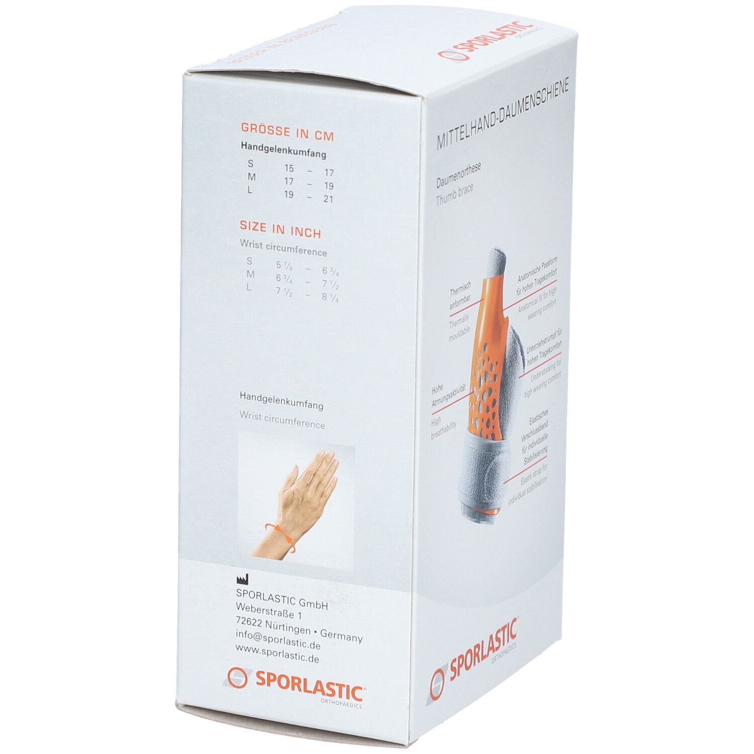 Boîte de l'attelle de pouce. Informations de taille et tour de poignet. Marque SPORLASTIC.