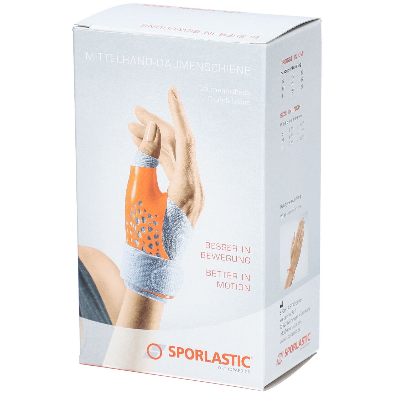 Boîte de l'attelle de pouce. Produit orange et blanc. Marque SPORLASTIC. Texte: Besser in Bewegung.