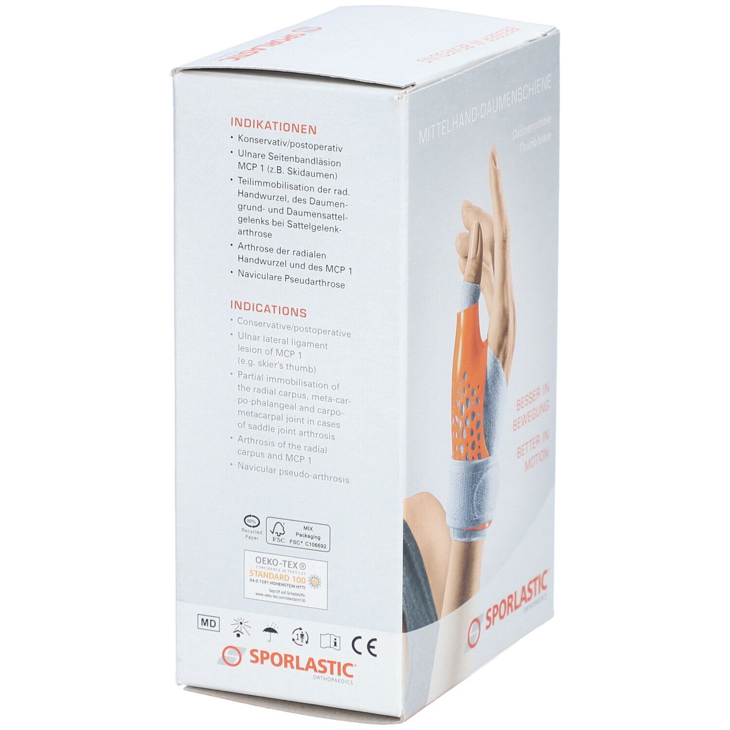 Dos de la boîte. Texte: Indications. Certifications. Marque: SPORLASTIC. Attelle de pouce illustrée.