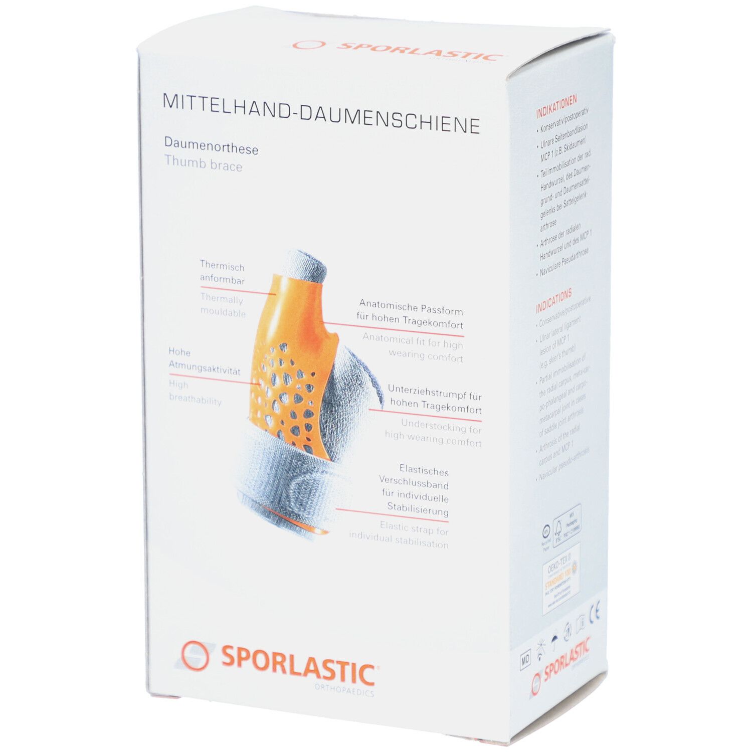 Boîte, vue détaillée. Attelle de pouce avec inscriptions. Marque: SPORLASTIC. Ajustement anatomique, grand confort.