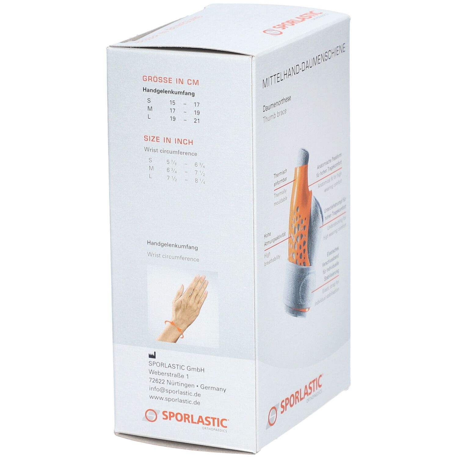 Boîte, côté. Informations de taille en cm et pouces. Marque: SPORLASTIC. Attelle de pouce illustrée.