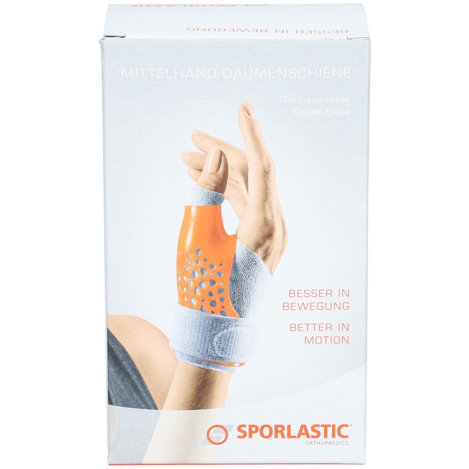 Boîte de l'attelle de pouce. Produit orange et blanc. Marque SPORLASTIC. Texte: Besser in Bewegung.
