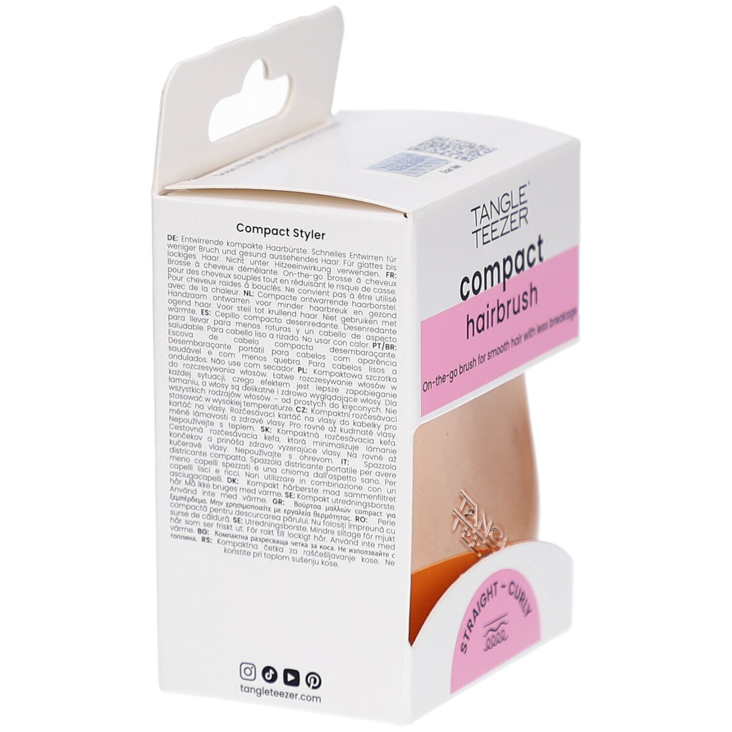 Verpakking van de compacte haarborstel. Merk TANGLE TEEZER. Meertalige tekst. Productinformatie op de achterkant.