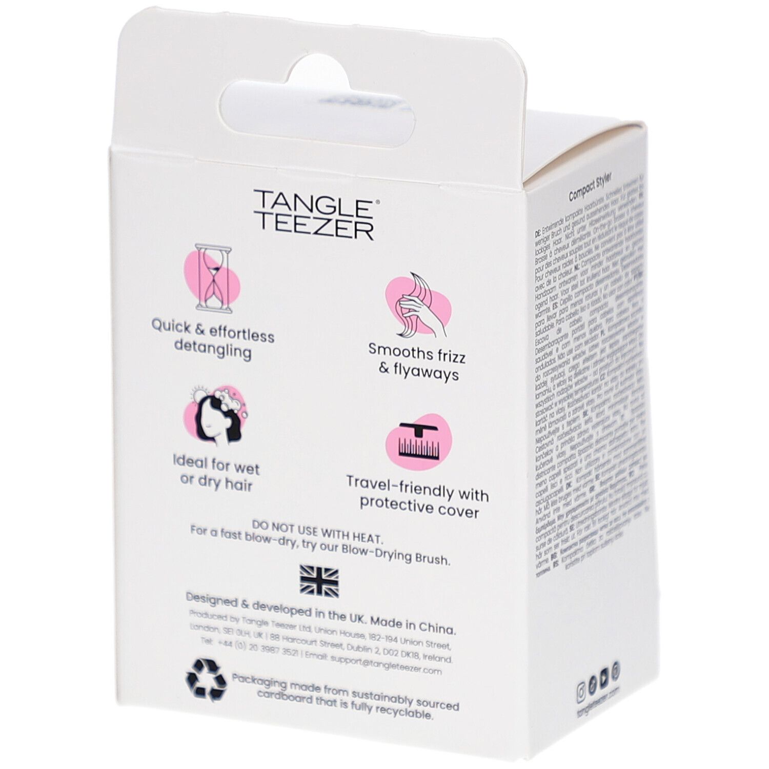 Achterkant van de verpakking. Merk TANGLE TEEZER. Kenmerken: ontwarren, gladmaken, voor nat/droog haar, met beschermhoes.