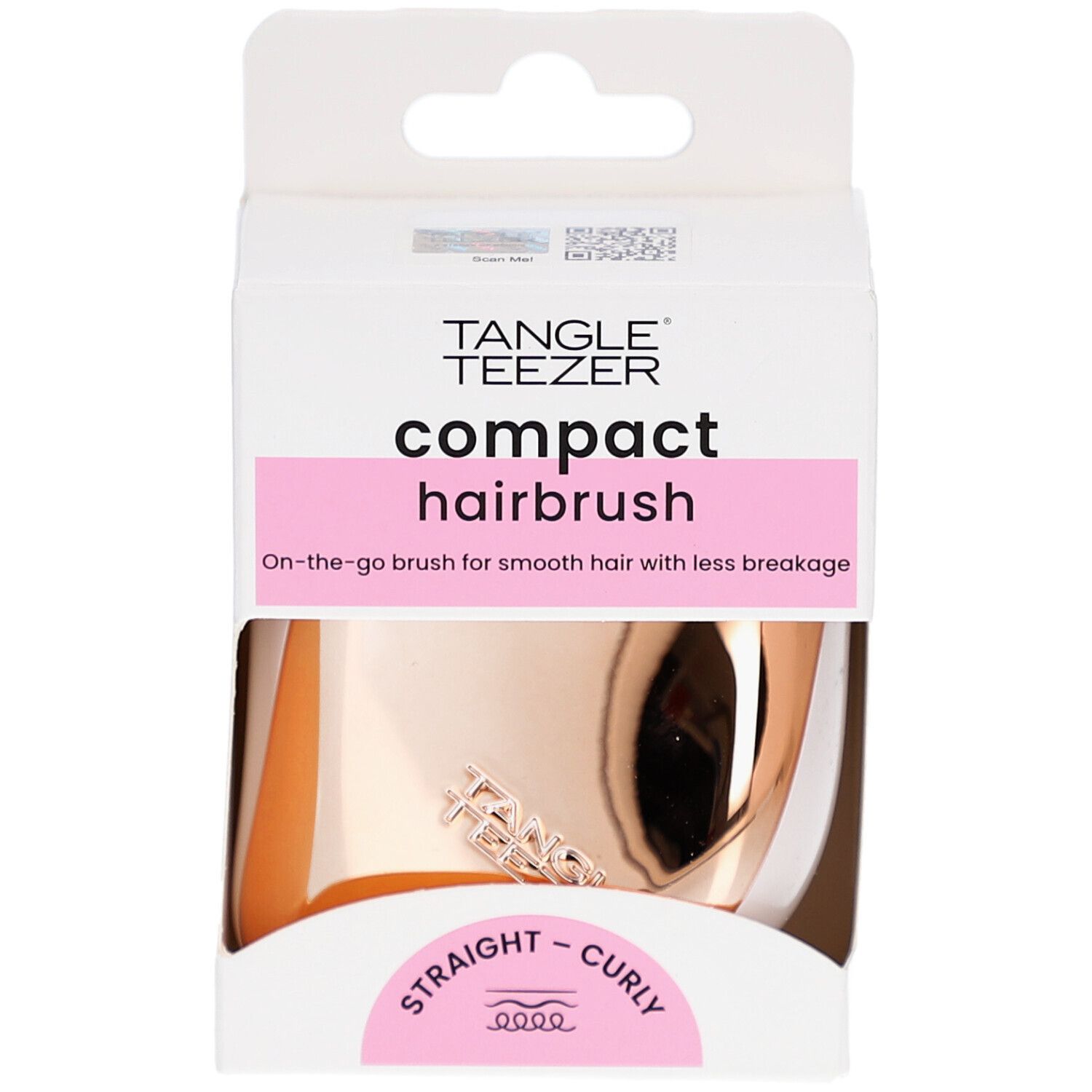 Compacte haarborstel in verpakking. Merk TANGLE TEEZER. Roze en goudkleurig. Voor steil en krullend haar.