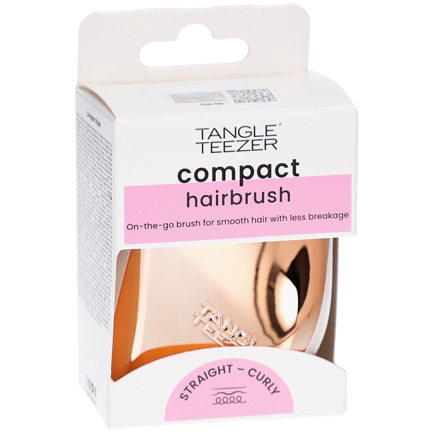 Compacte haarborstel in verpakking. Merk TANGLE TEEZER. Roze en goudkleurig. Voor steil en krullend haar.