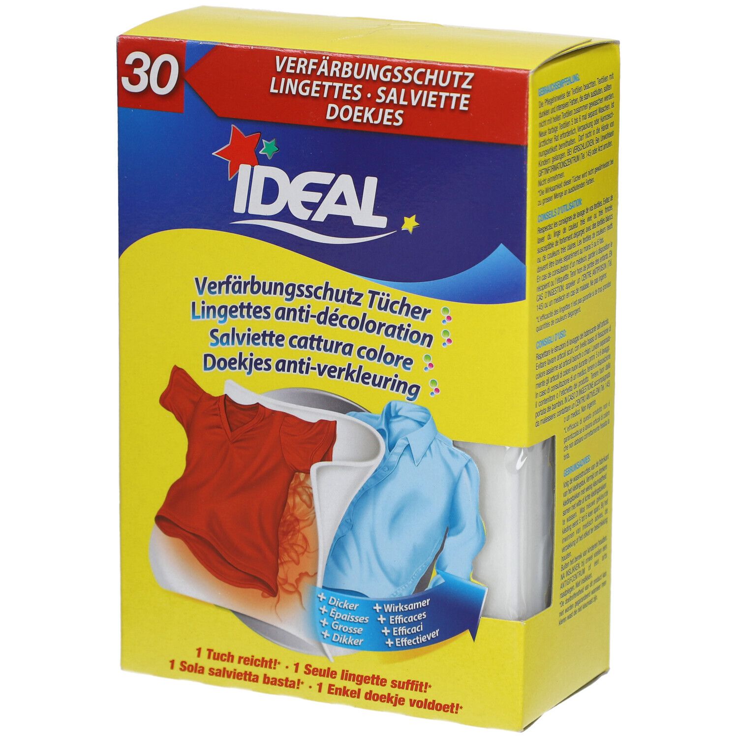 Boîte jaune avec illustration et texte. Contient 30 lingettes. Ideal lingettes anti-décoloration. Image d'un t-shirt rouge et bleu.