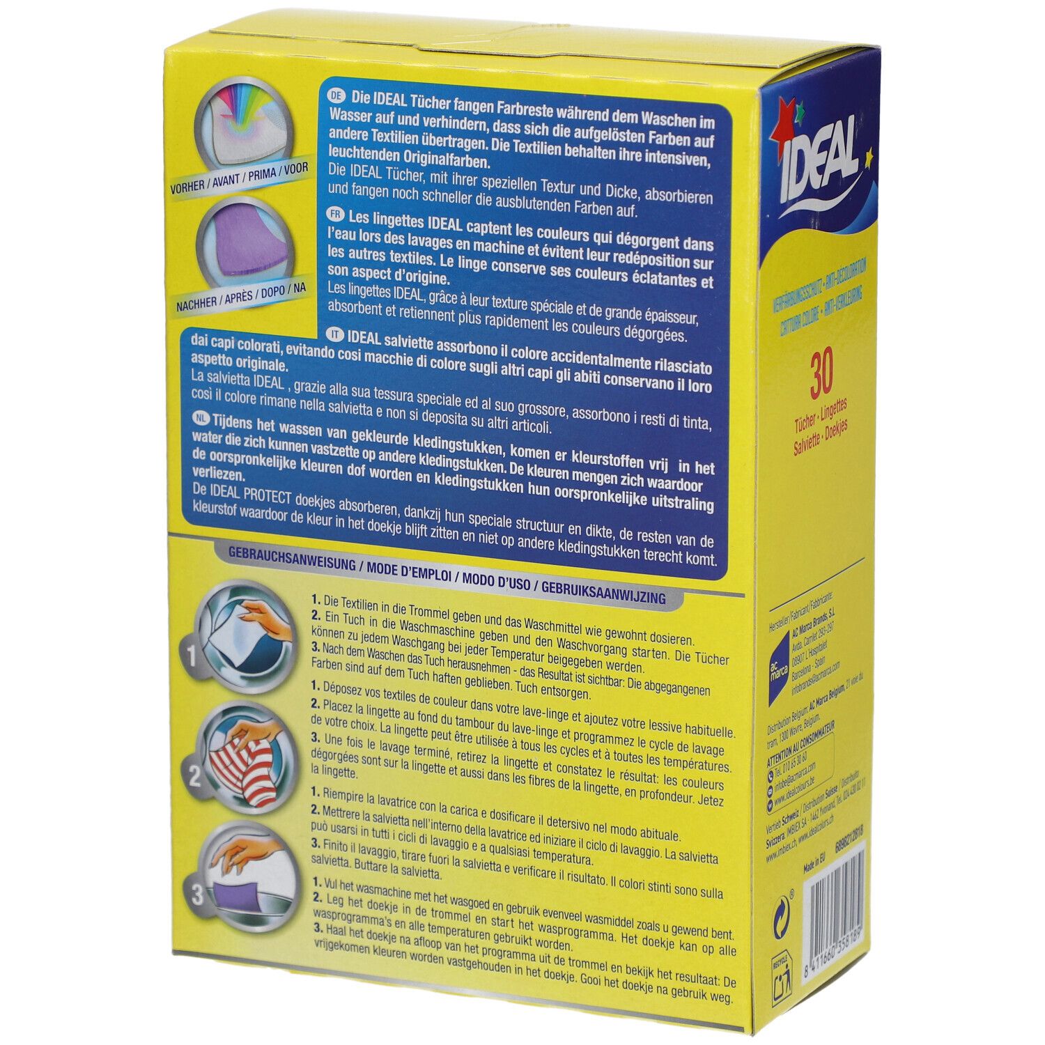 Dos de la boîte jaune. Texte multilingue. Mode d'emploi avec illustrations. Ideal lingettes anti-décoloration.