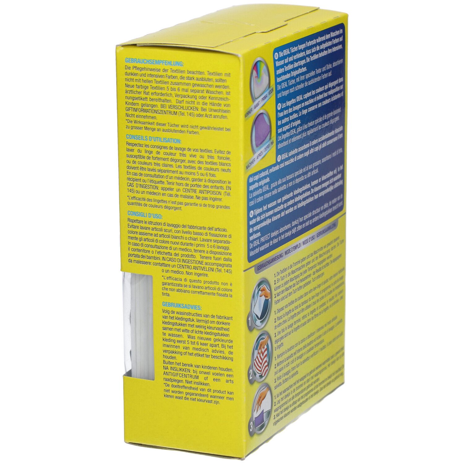 Vue latérale de la boîte jaune. Texte multilingue. Mode d'emploi avec illustrations. Ideal lingettes anti-décoloration.