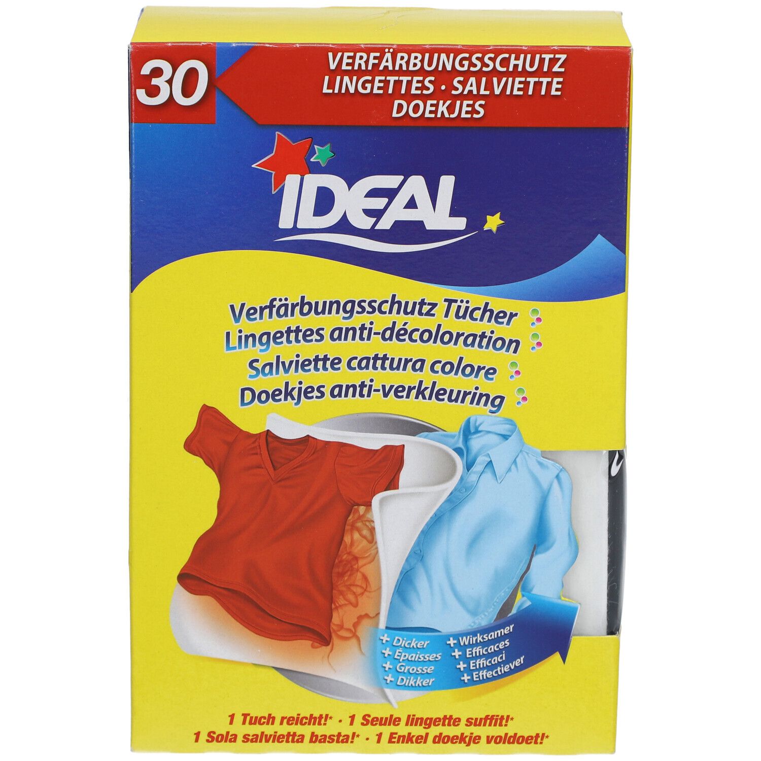 Boîte jaune avec illustration et texte. Contient 30 lingettes. Ideal lingettes anti-décoloration. Image d'un t-shirt rouge et bleu.