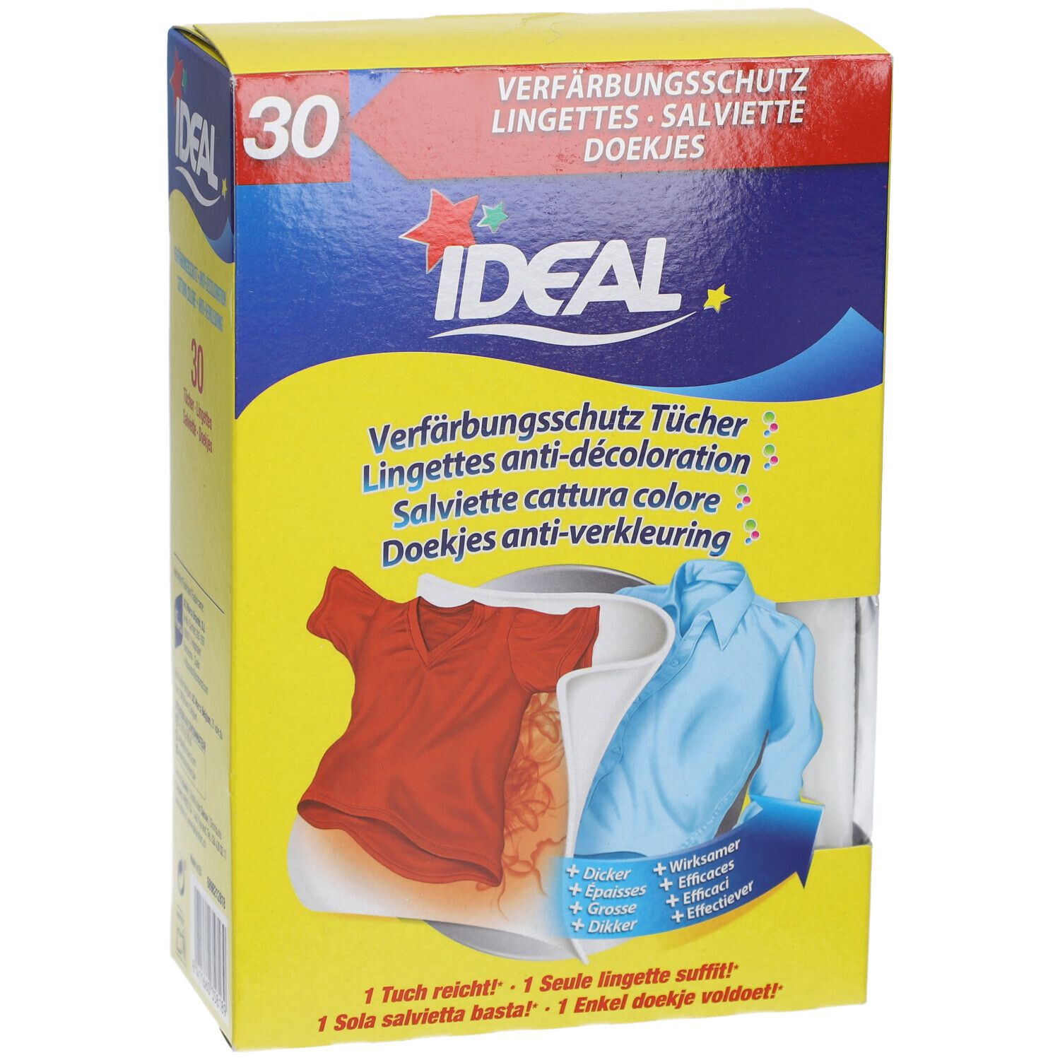 Boîte jaune avec illustration et texte. Contient 30 lingettes. Ideal lingettes anti-décoloration. Image d'un t-shirt rouge et bleu.
