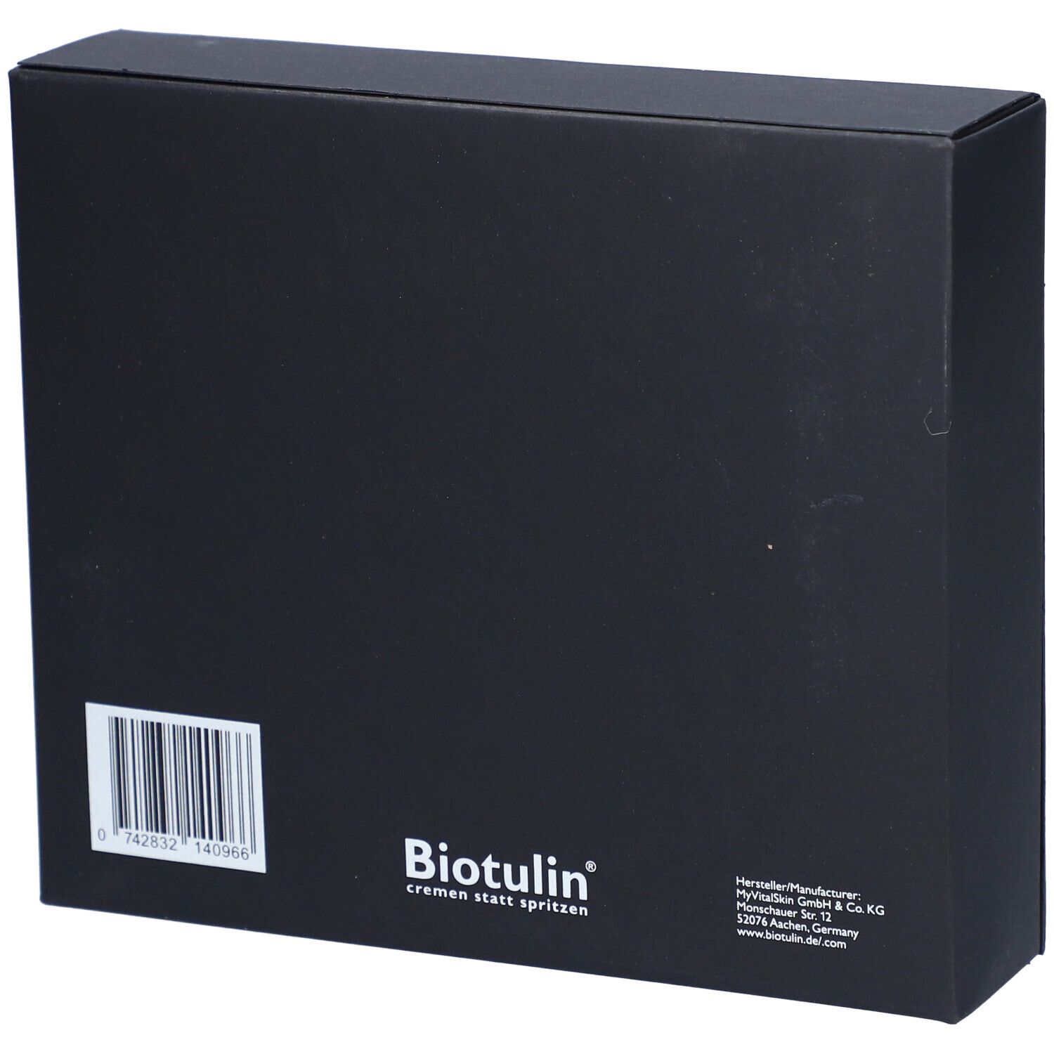 Dos de la boîte noire BEAUTYBOX. Code-barres et logo BIOTULIN. Texte: cremen statt spritzen. Informations fabricant.