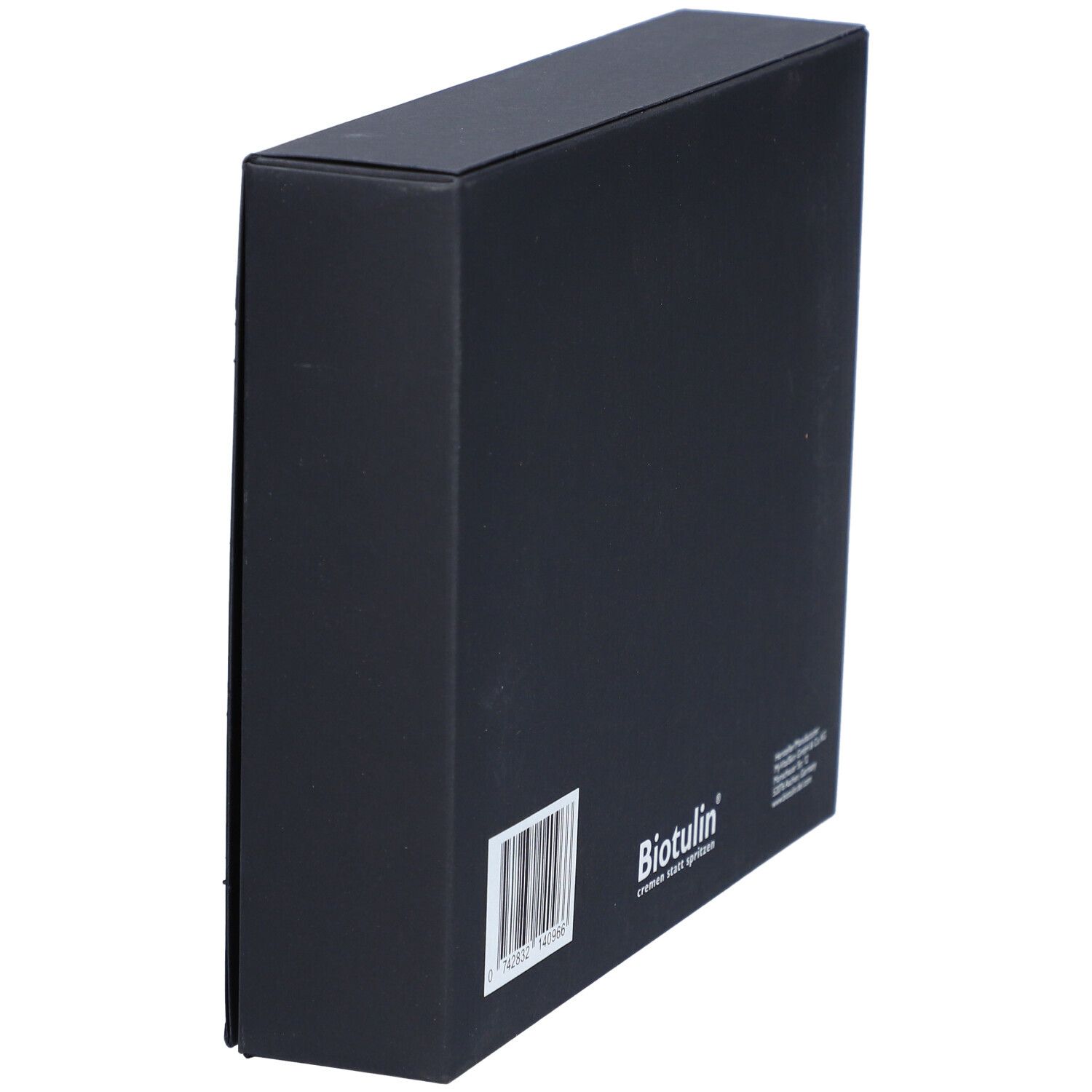 Boîte noire BEAUTYBOX, vue en biais de l'arrière. Code-barres et logo BIOTULIN. Texte: cremen statt spritzen.