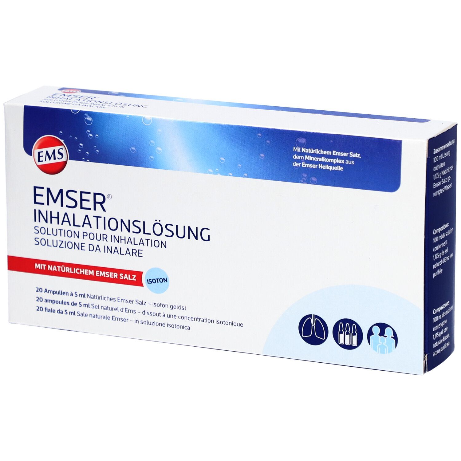 Doos met EMSER inhalatieoplossing. Bevat 20 ampullen. Blauw-witte verpakking met productinfo en logo.