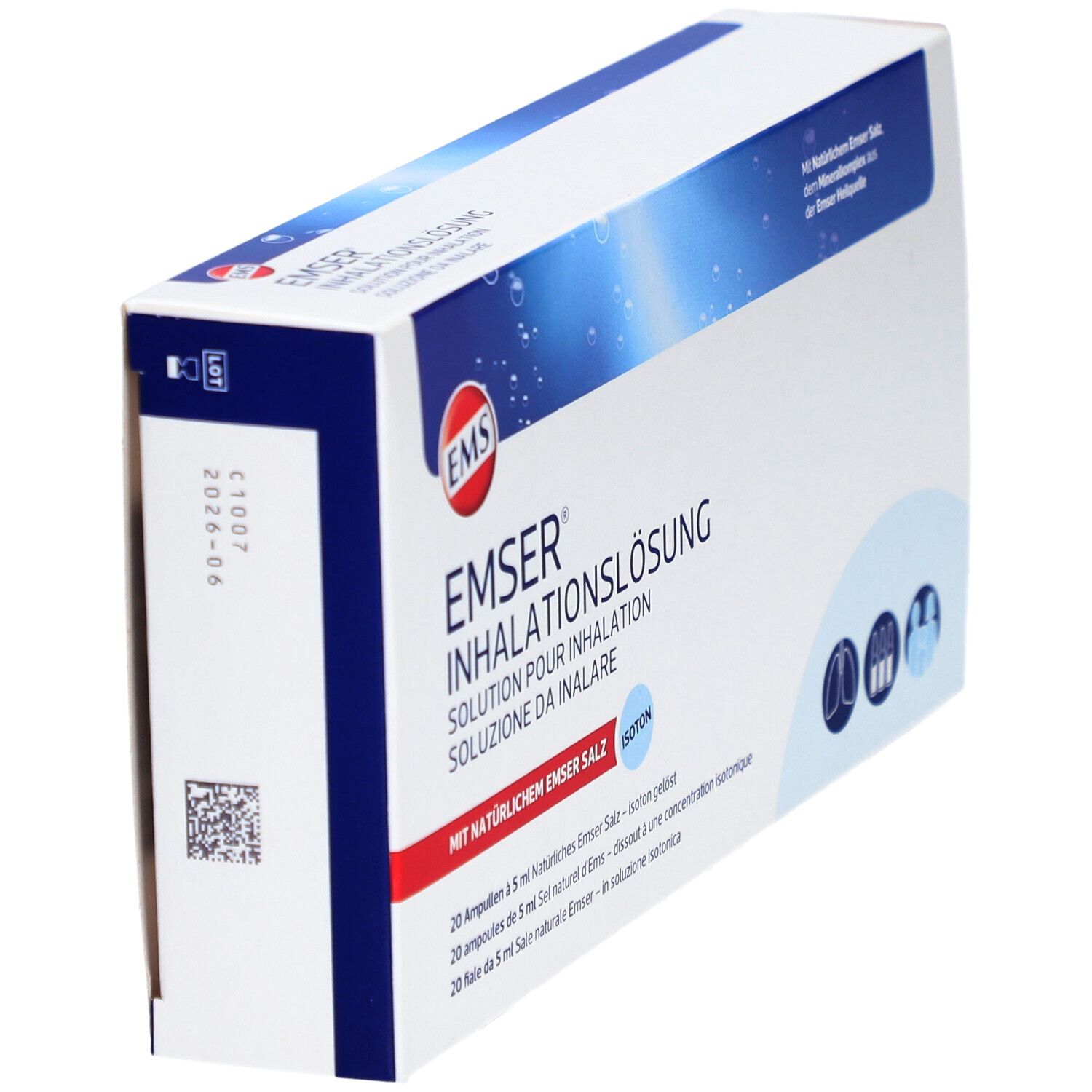 Schuine weergave van de EMSER inhalatieoplossing verpakking. Witte doos met blauwe accenten en productlogo. Meertalige tekst.