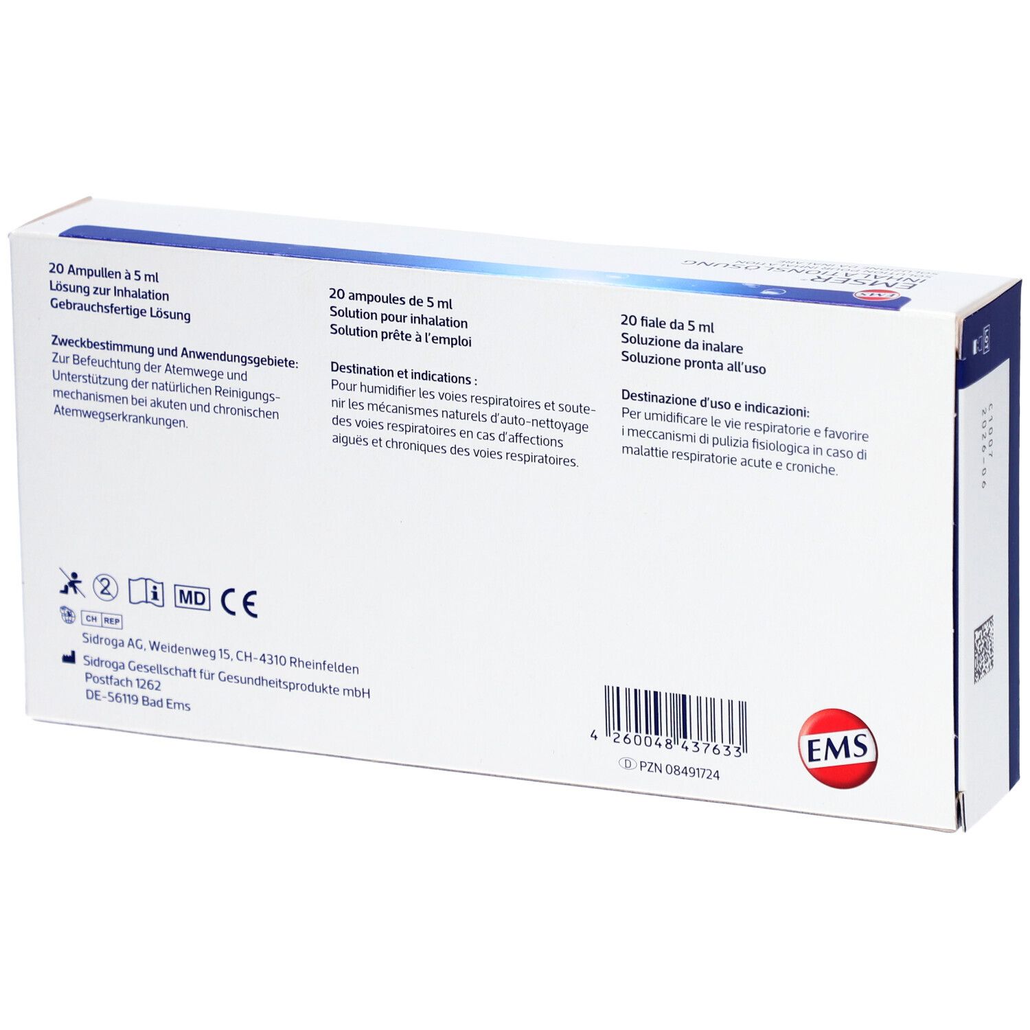 Achterkant van de EMSER inhalatieoplossing verpakking. Bevat productinformatie, fabrikantenadres en CE-markering.