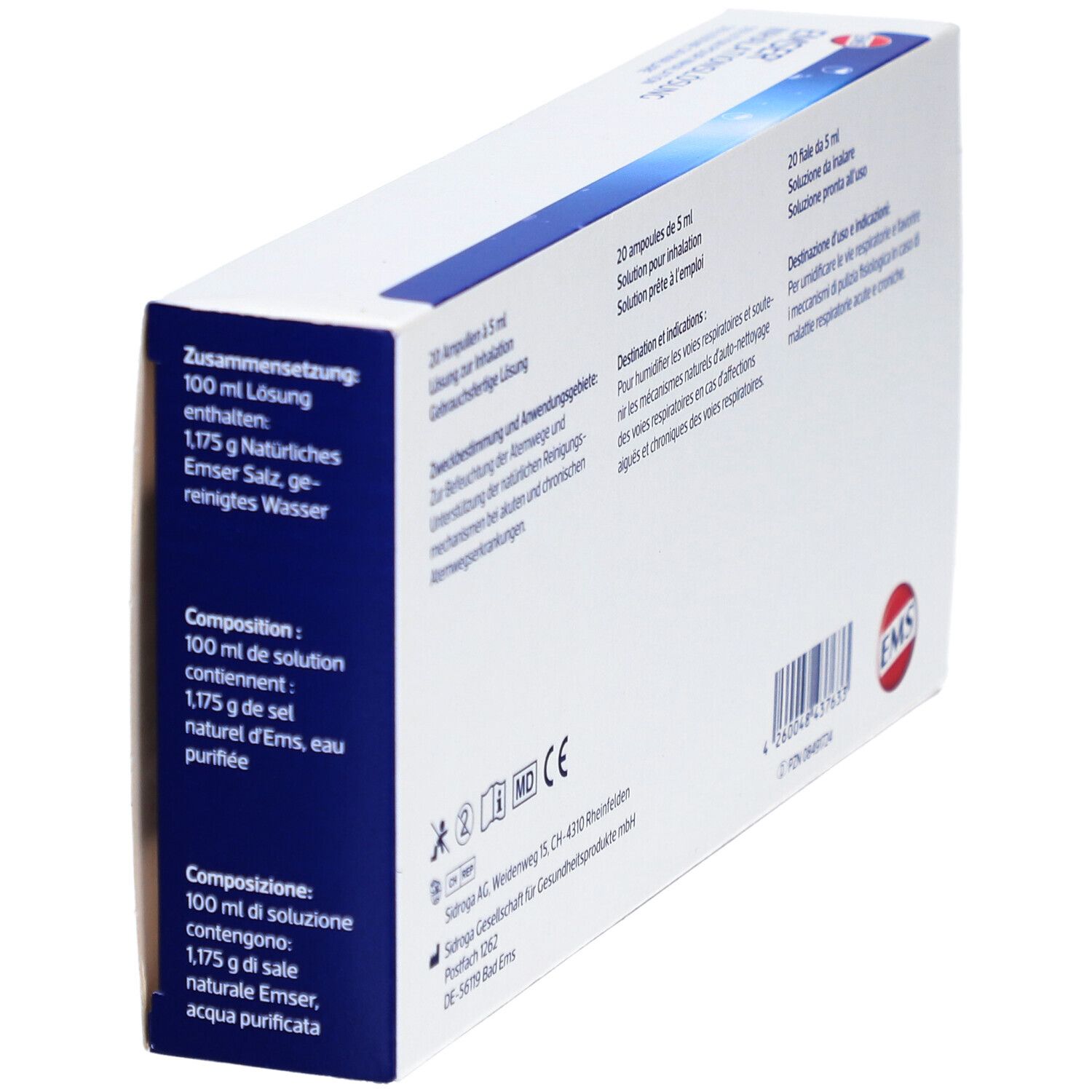 Zijaanzicht van de EMSER inhalatieoplossing verpakking. Bevat productsamenstelling en andere informatie in meerdere talen.