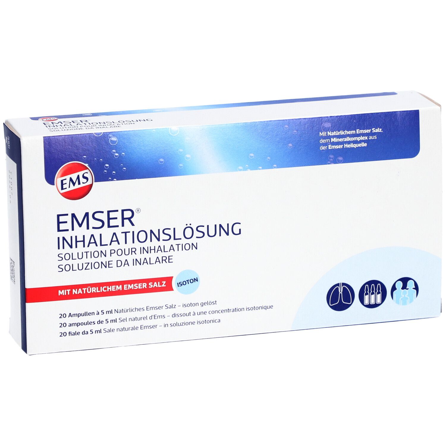 Vooraanzicht van de EMSER inhalatieoplossing verpakking. Witte doos met blauwe accenten en productlogo. Bevat 20 ampullen.