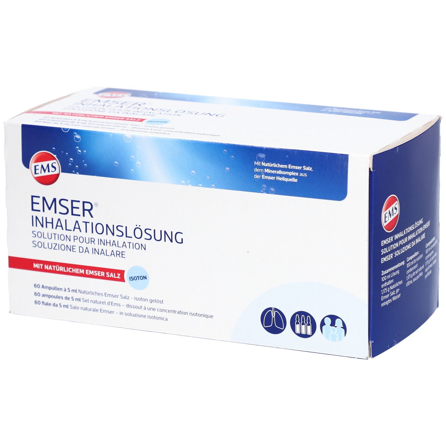 Doos EMSER inhalatieoplossing. Opschrift: Solution pour inhalation, soluzione da inalare. 60 ampullen.
