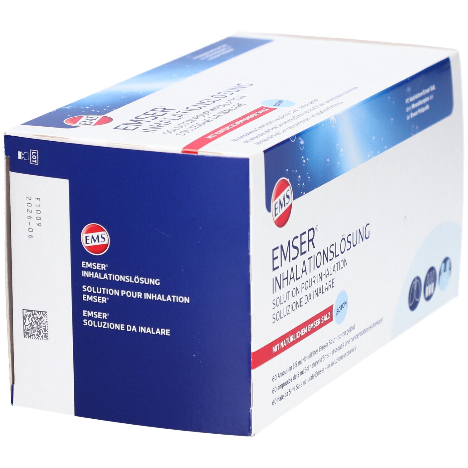 Schuine weergave van de verpakking van EMSER inhalatieoplossing. Opschrift: Solution pour inhalation, soluzione da inalare. 60 ampullen.