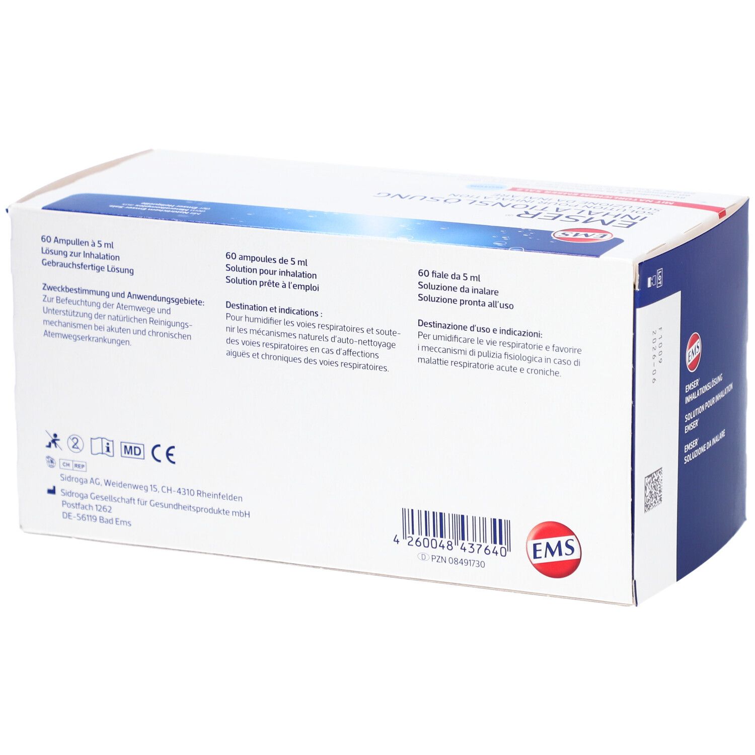 Achterkant van de verpakking van EMSER inhalatieoplossing. Tekst in het Duits, Frans en Italiaans. Bevat 60 ampullen.